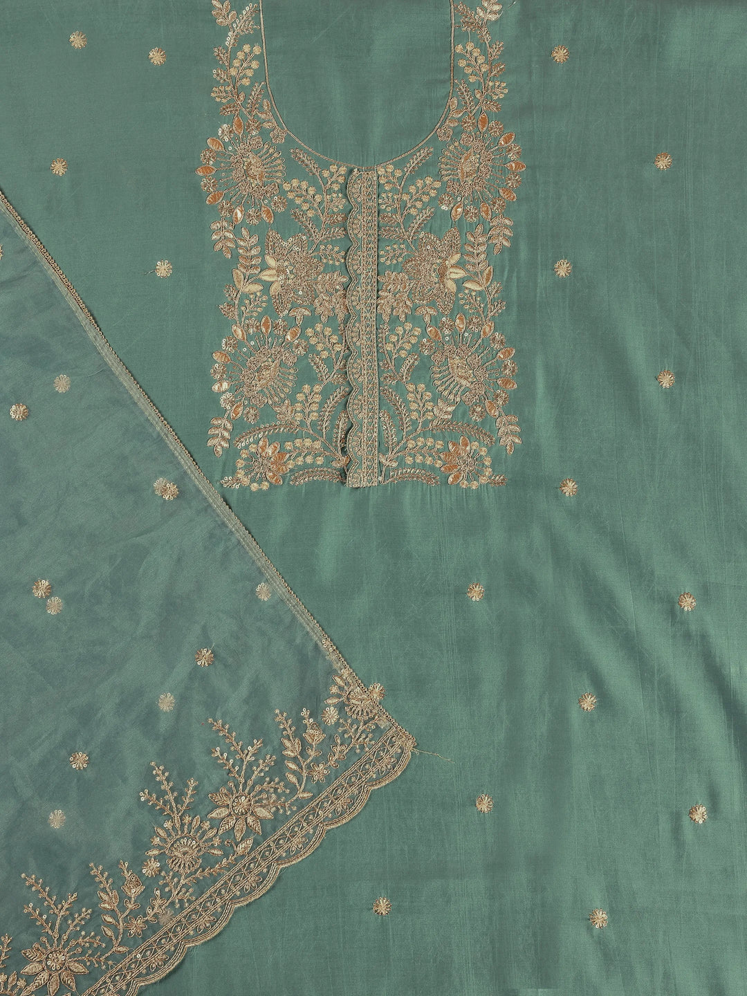  Green Embroidered Silk Blend Dress Material With Dupatta 