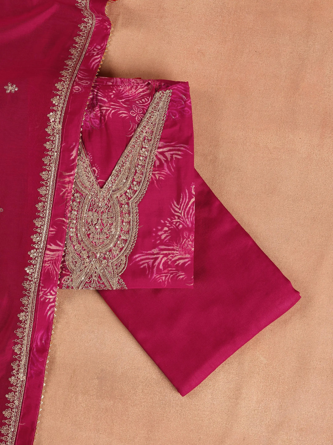  Pink Printed Silk Blend Dress Material With Dupatta 