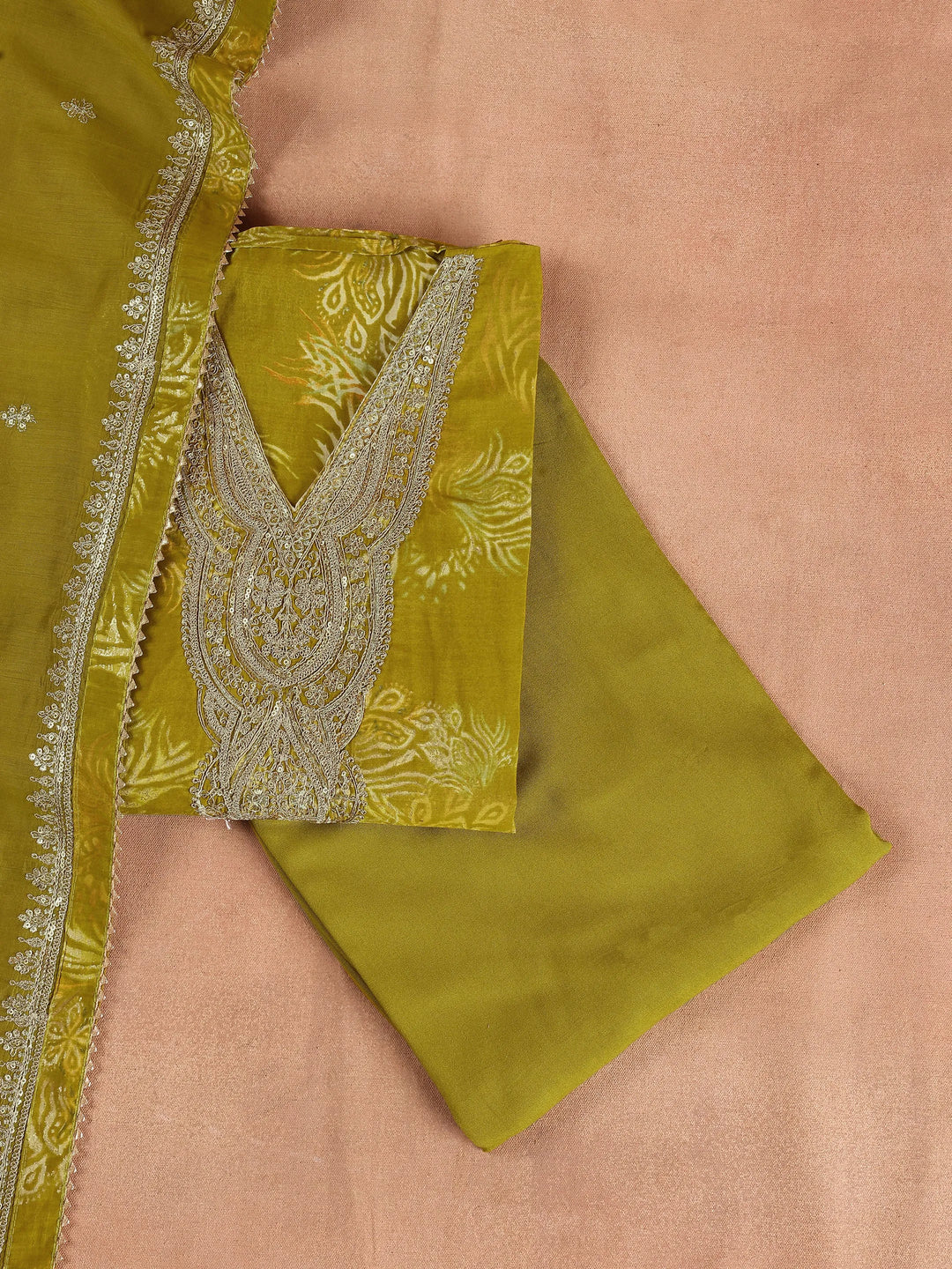  Green Printed Silk Blend Dress Material With Dupatta 