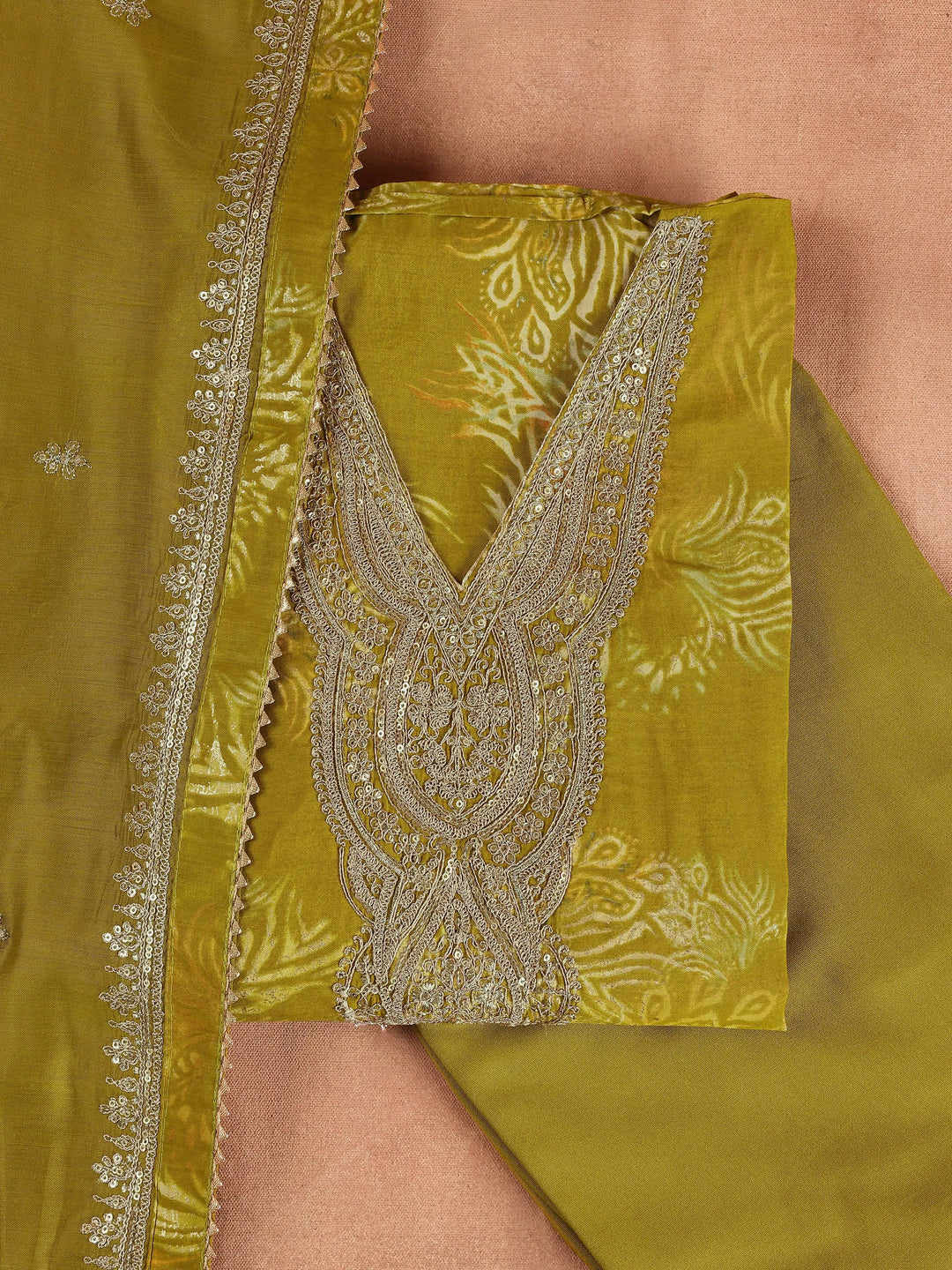 Green Printed Silk Blend Dress Material With Dupatta