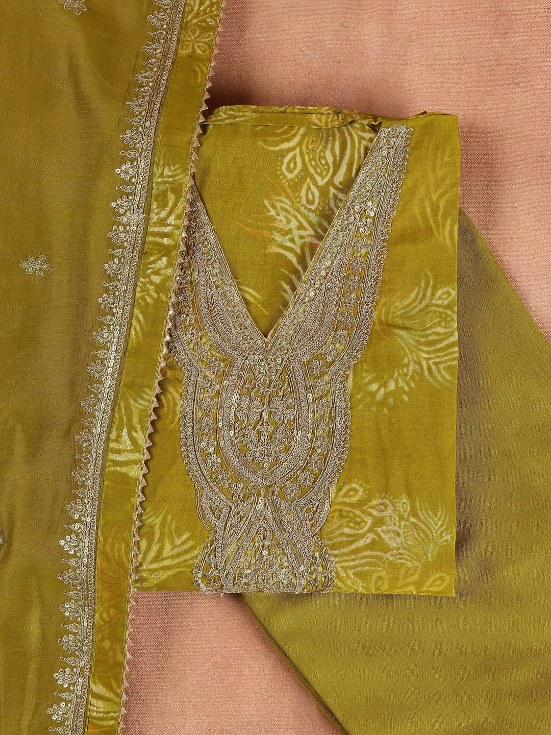  Green Printed Silk Blend Dress Material With Dupatta 