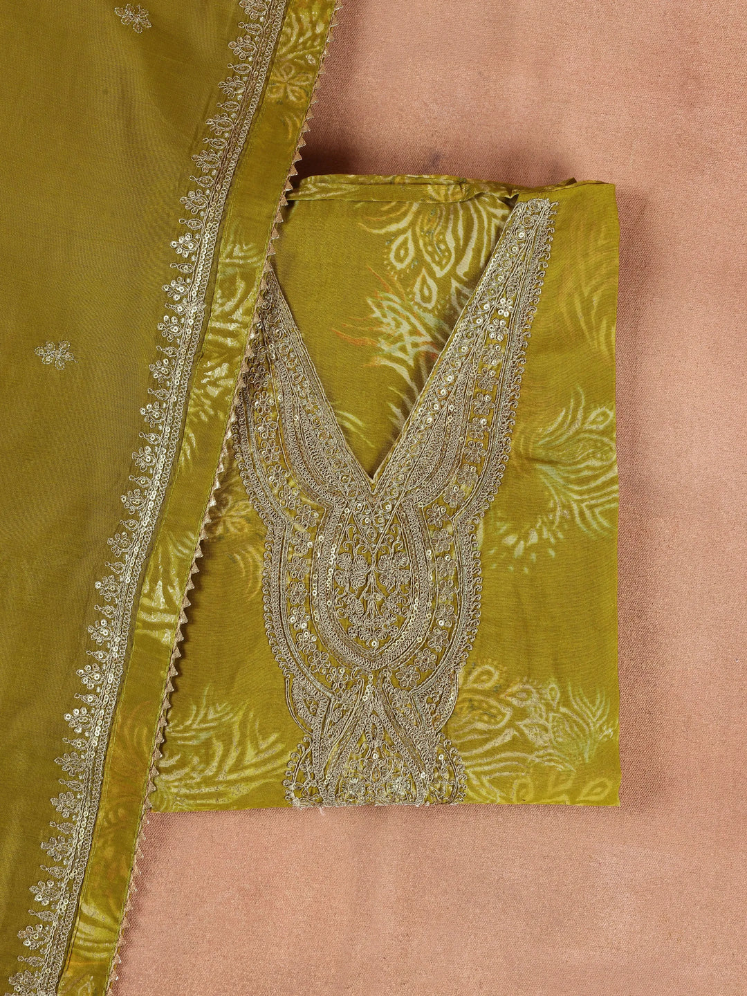  Green Printed Silk Blend Dress Material With Dupatta 