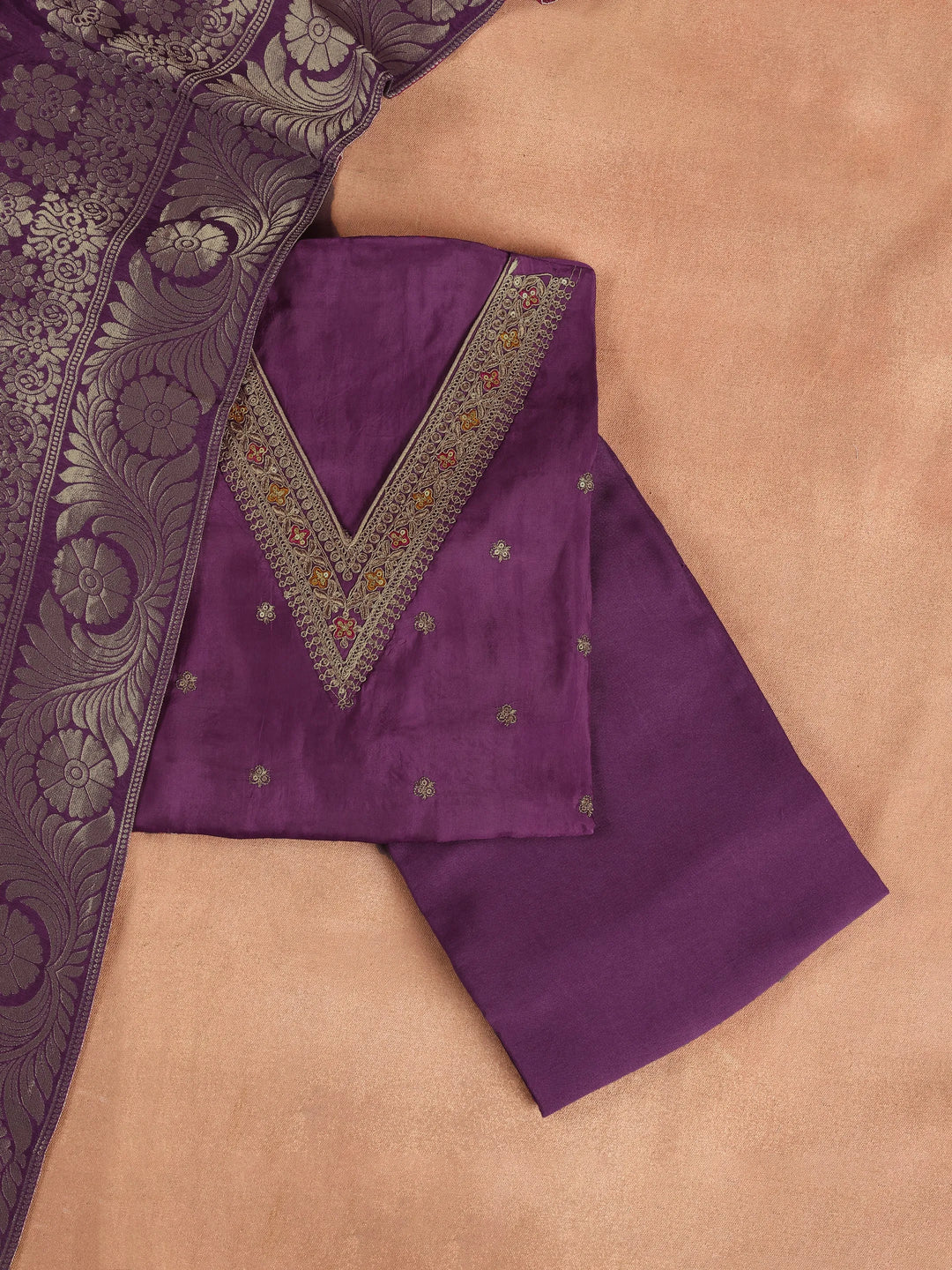  Purple Embroidered Silk Blend Dress Material With Dupatta 