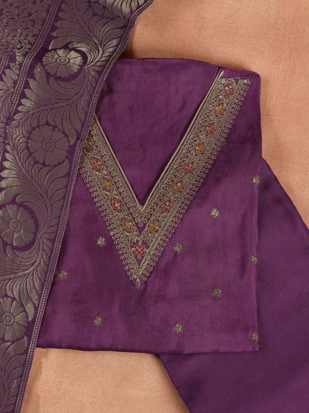  Purple Embroidered Silk Blend Dress Material With Dupatta 