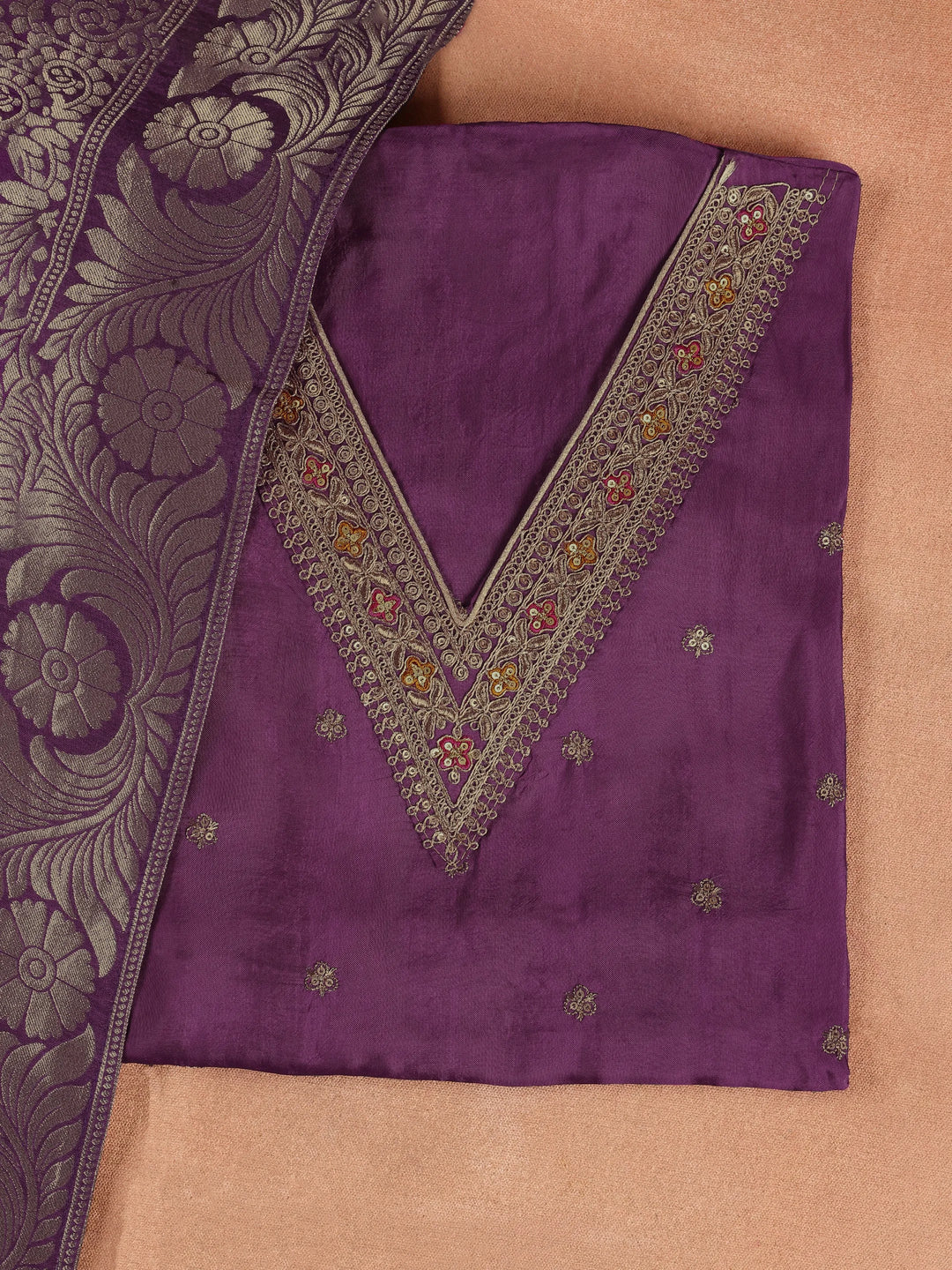 Purple Embroidered Silk Blend Dress Material With Dupatta