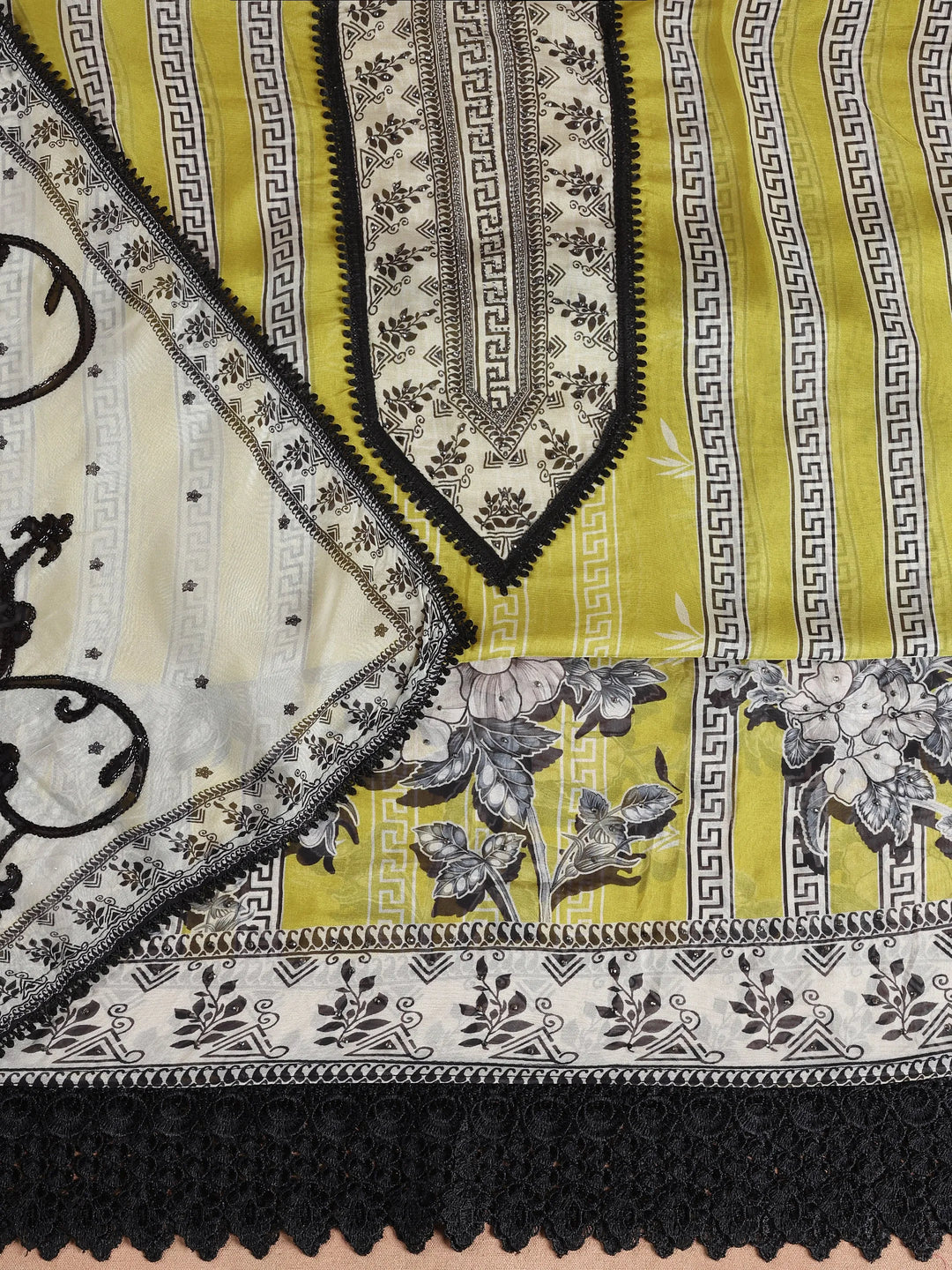  Yellow Printed Organza Dress Material With Dupatta 