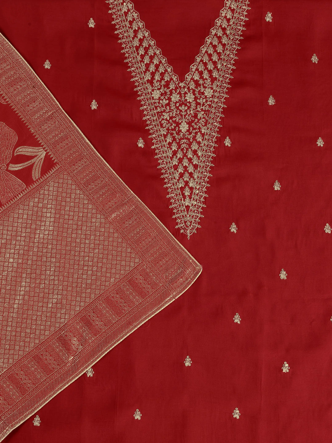  Red Printed Silk Blend Dress Material With Dupatta 