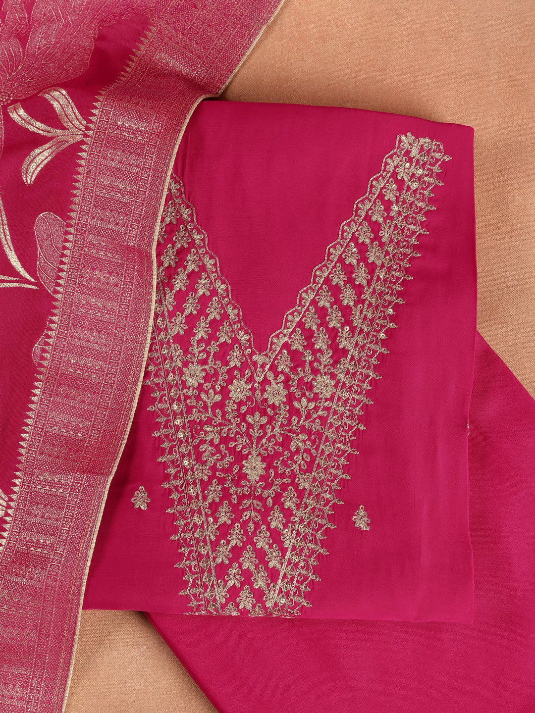  Pink Printed Silk Blend Dress Material With Dupatta 