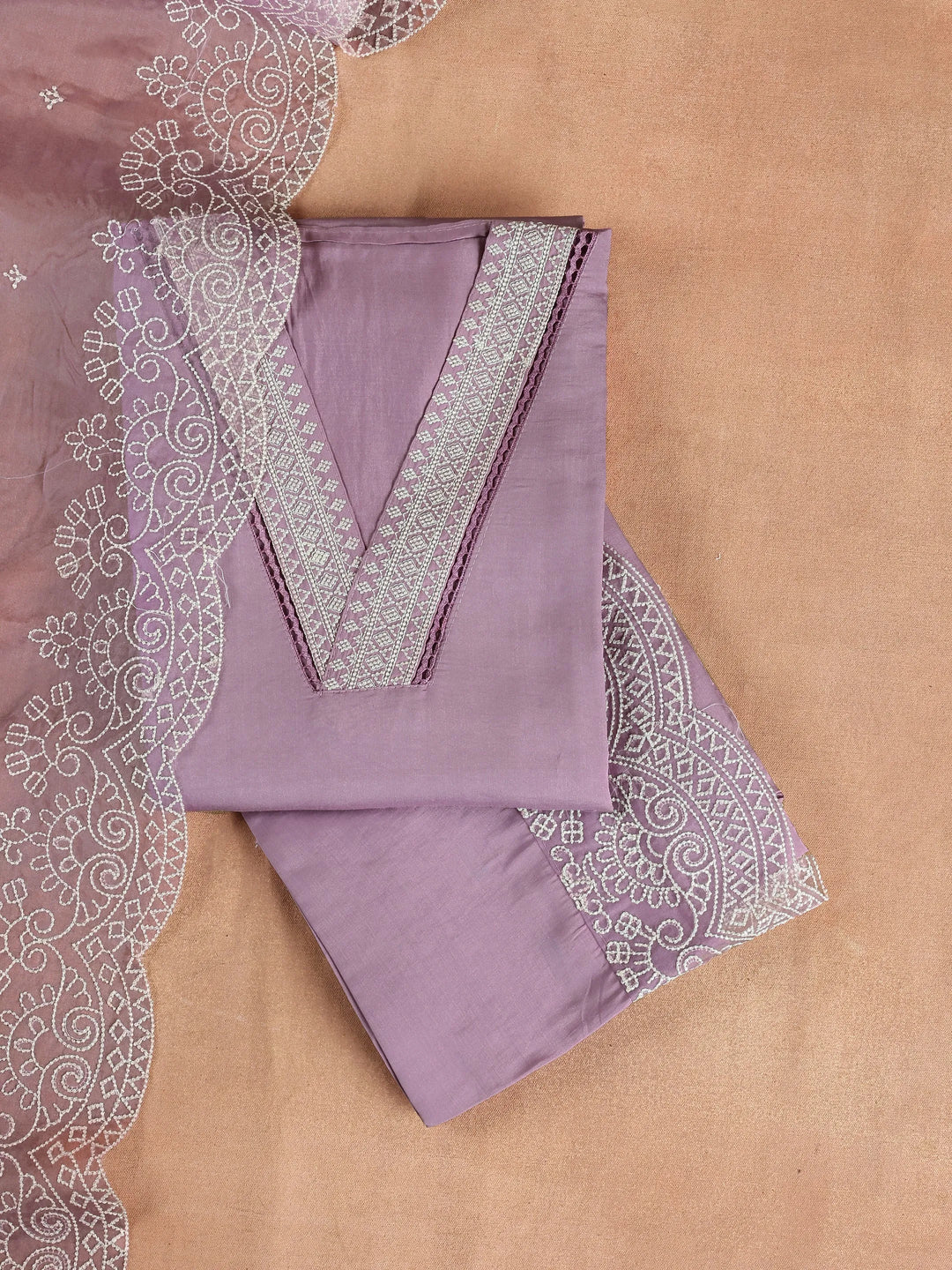  Purple Embroidered Silk Blend Dress Material With Dupatta 