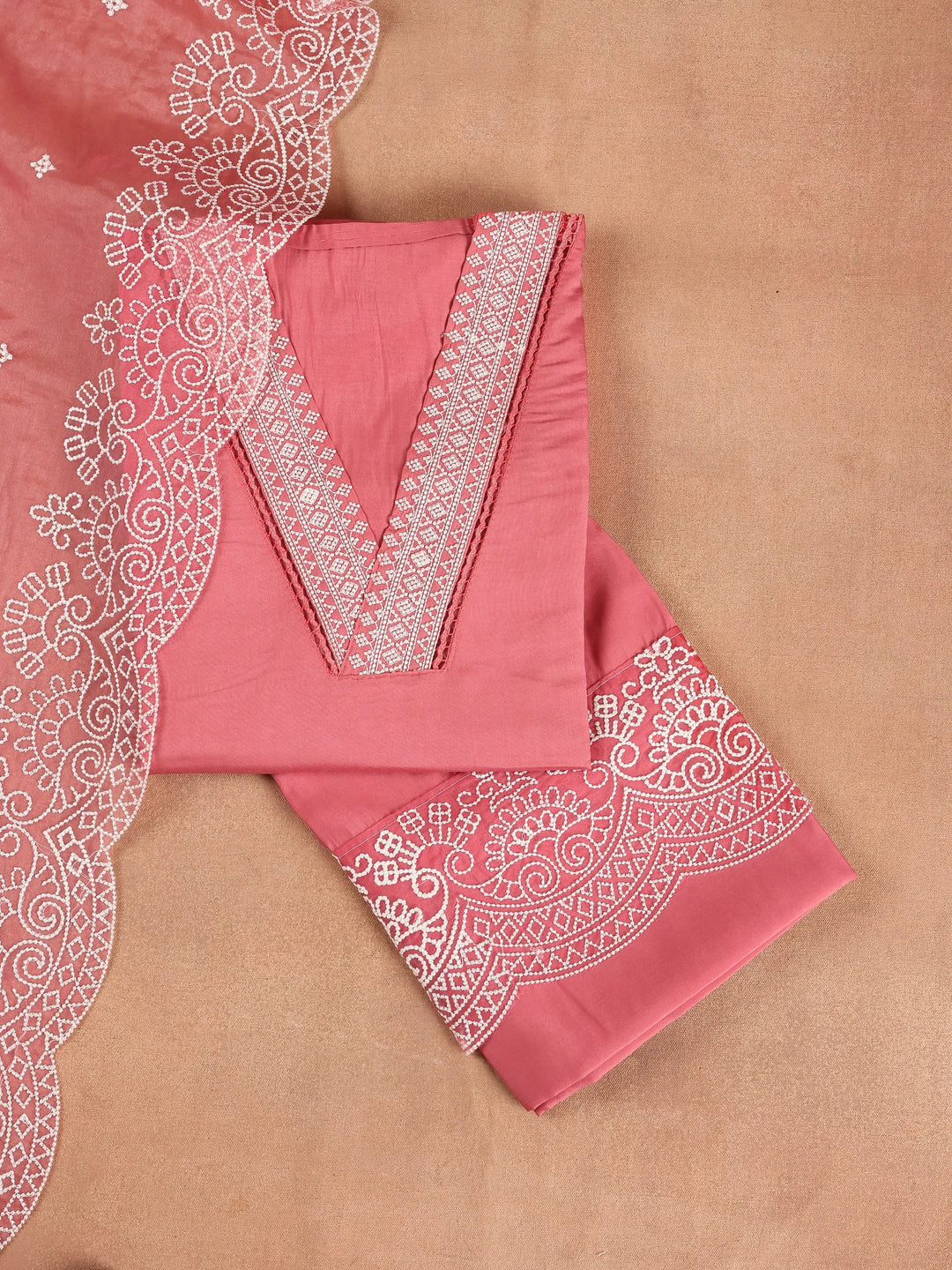  Coral Embroidered Silk Blend Dress Material With Dupatta 
