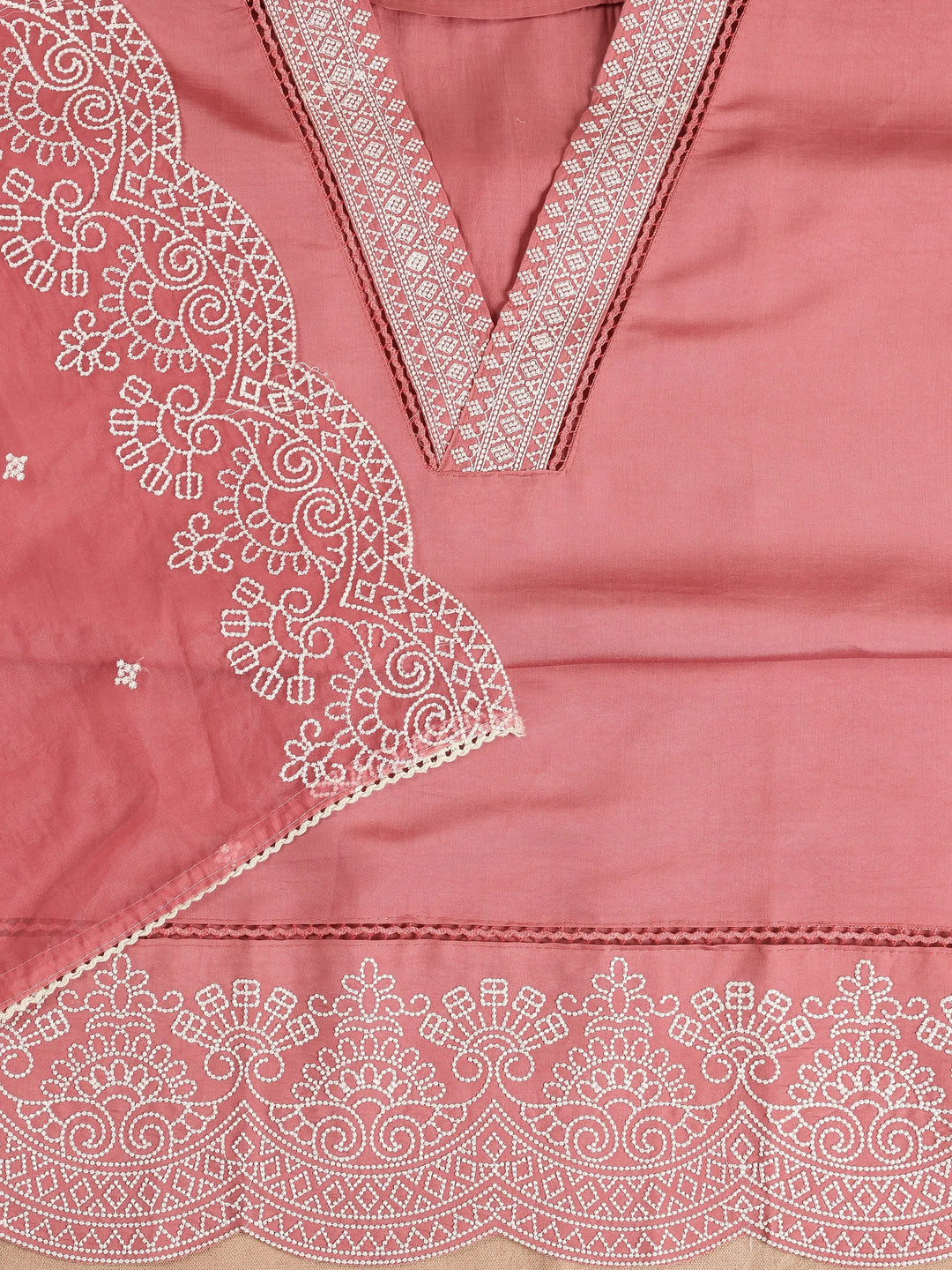  Coral Embroidered Silk Blend Dress Material With Dupatta 