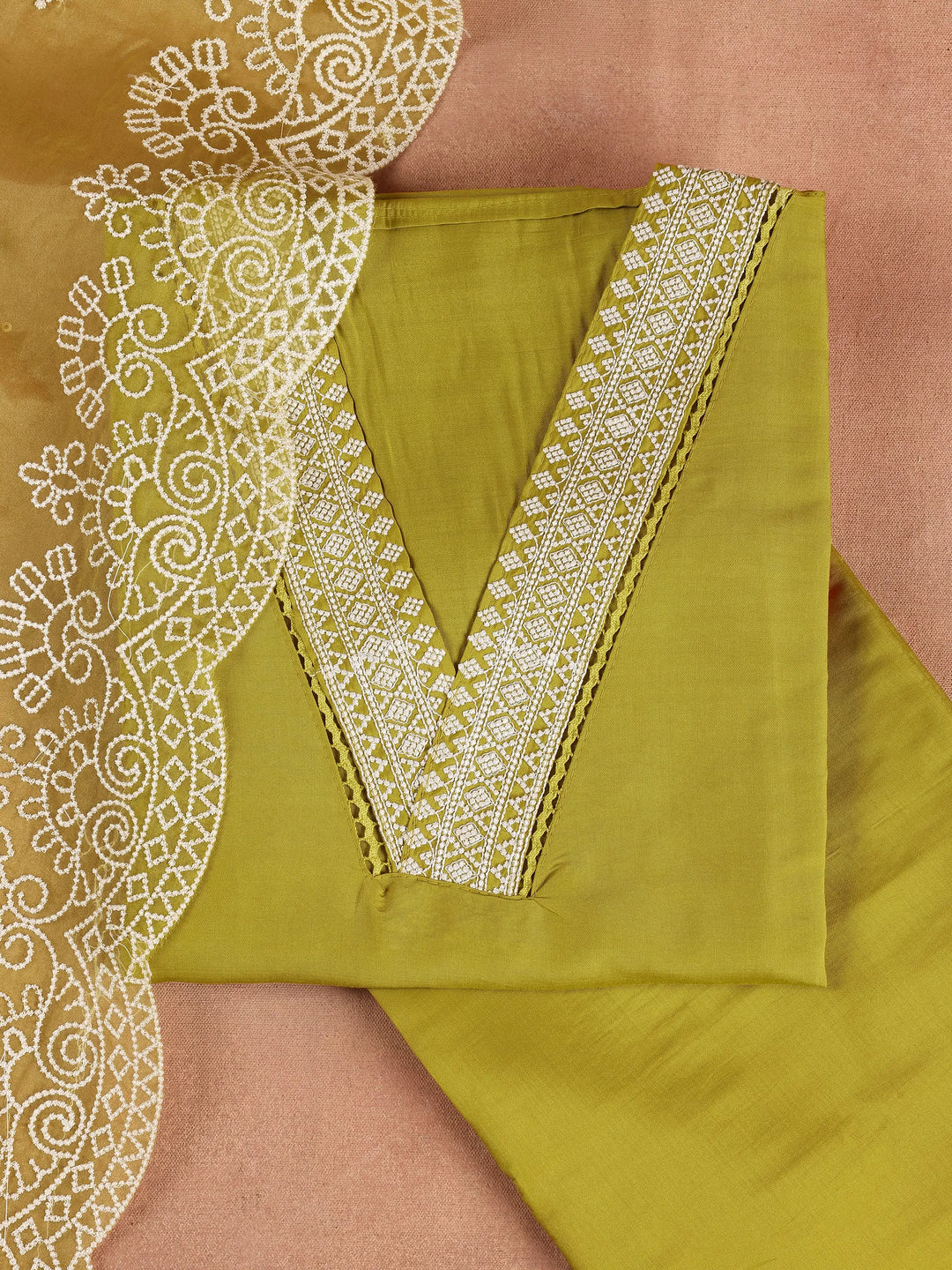 Green Embroidered Silk Blend Dress Material With Dupatta 