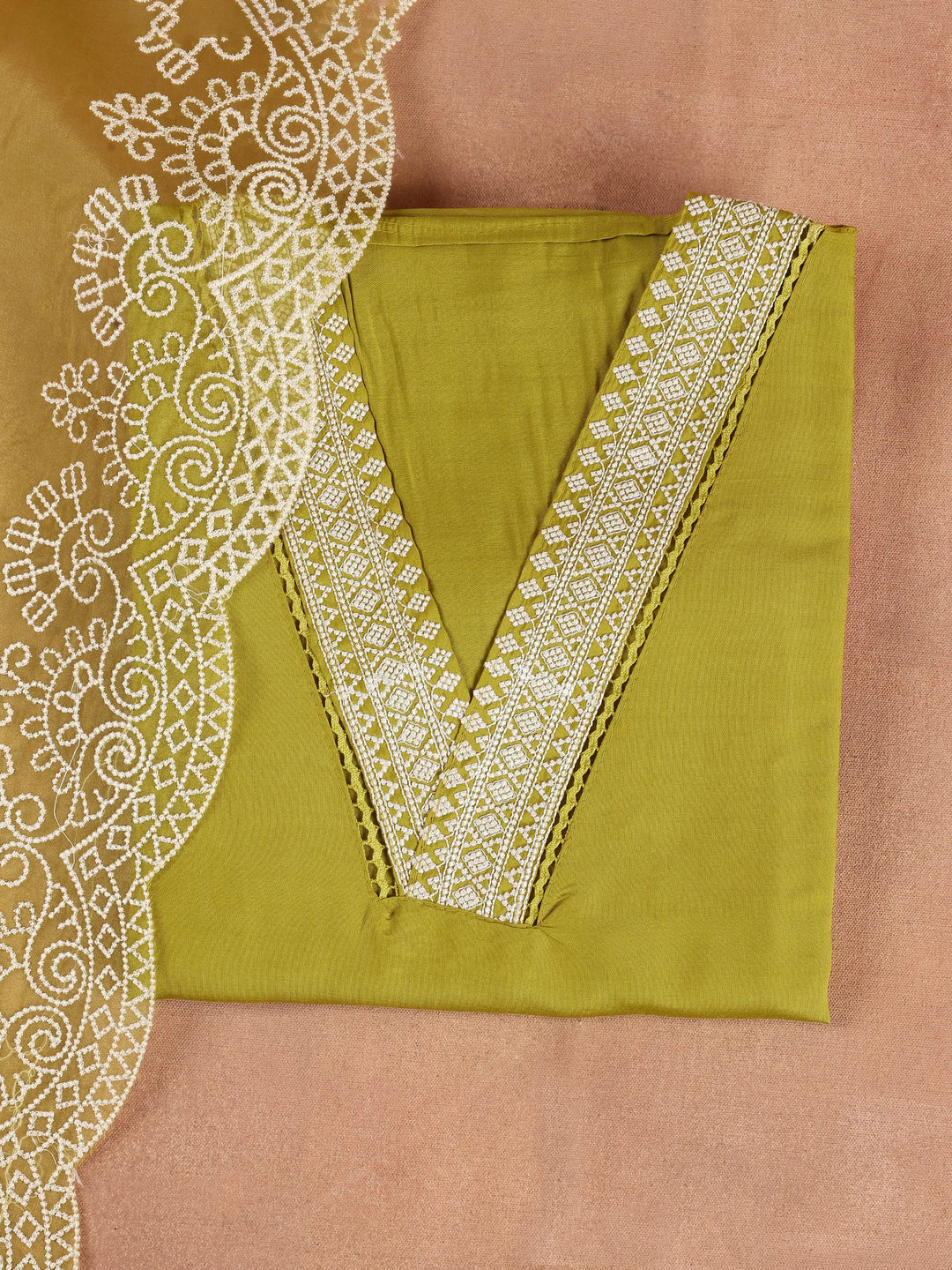  Green Embroidered Silk Blend Dress Material With Dupatta 