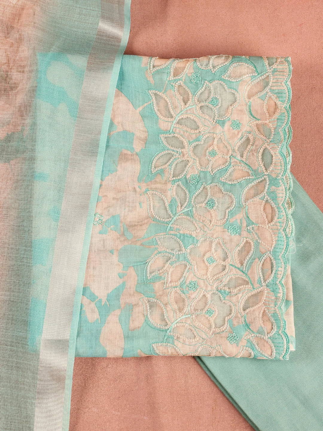  Blue Embroidered Cotton Blend Dress Material With Dupatta 