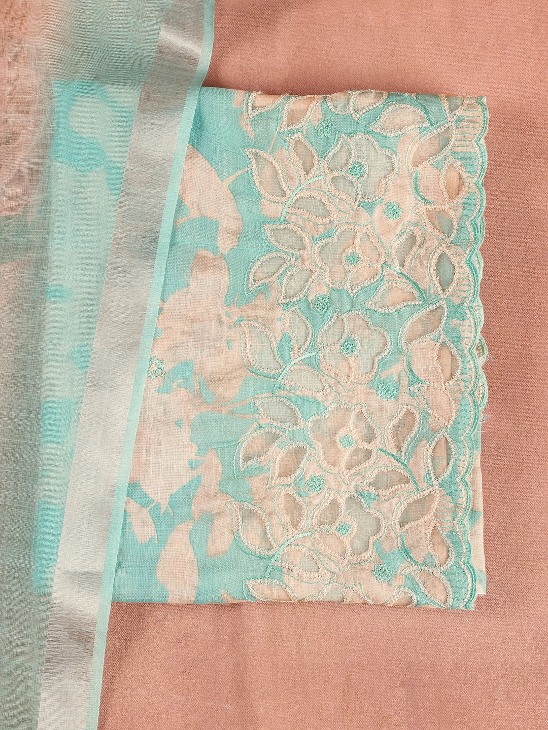Blue Embroidered Cotton Blend Dress Material With Dupatta
