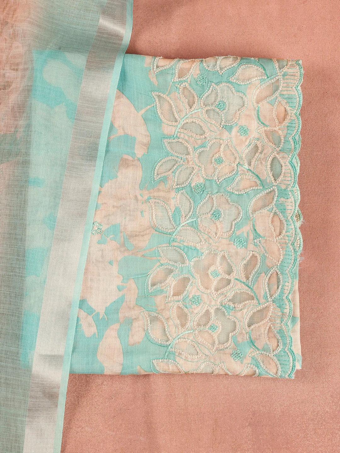  Blue Embroidered Cotton Blend Dress Material With Dupatta 