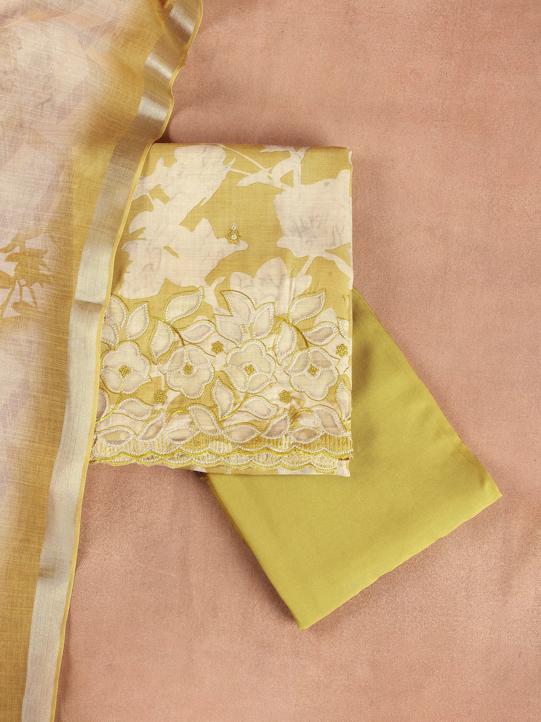  Mustard Embroidered Cotton Blend Dress Material With Dupatta 
