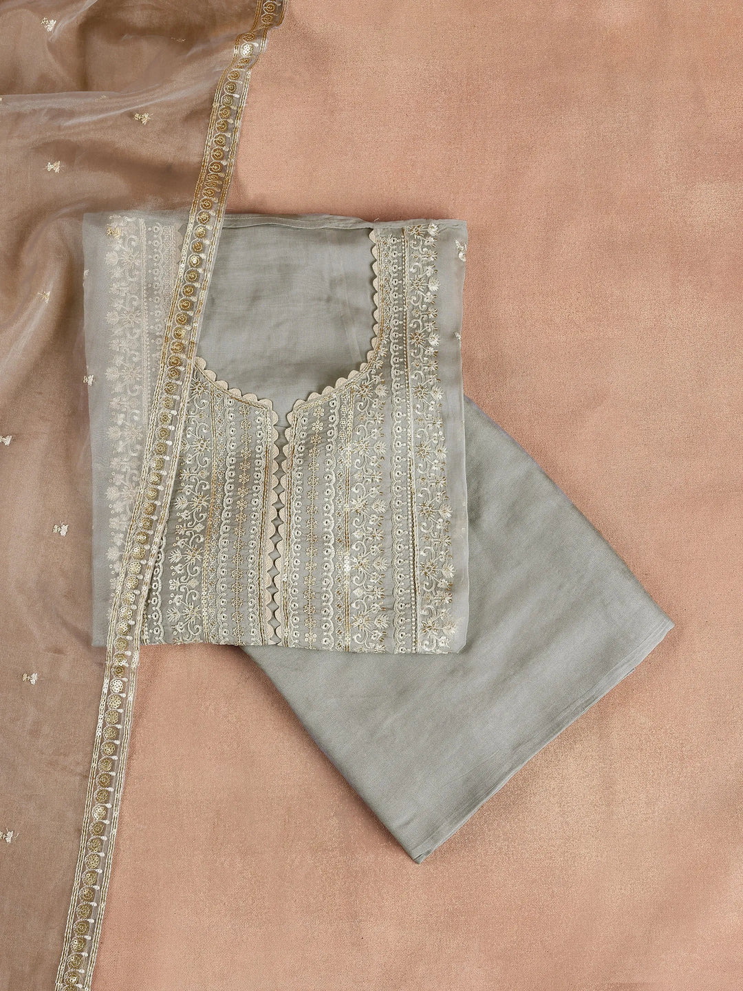  Grey Embroidered Organza Dress Material With Dupatta 
