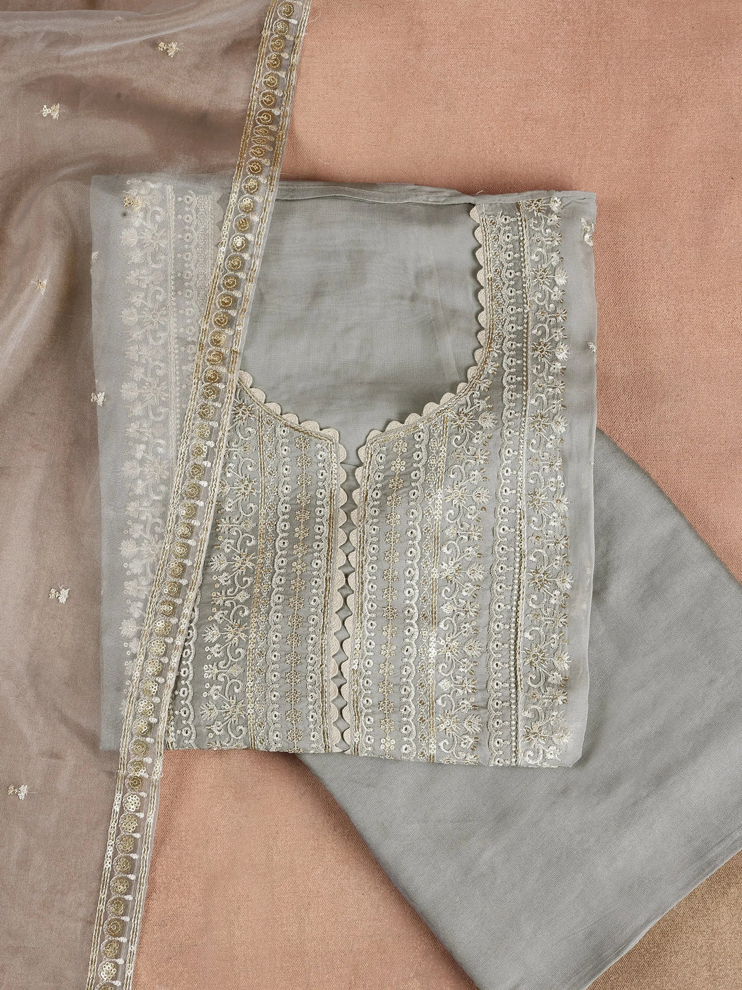 Grey Embroidered Organza Dress Material With Dupatta 
