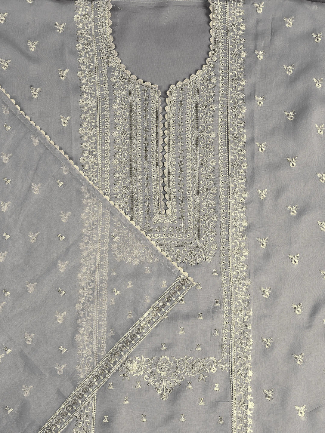  Grey Embroidered Organza Dress Material With Dupatta 