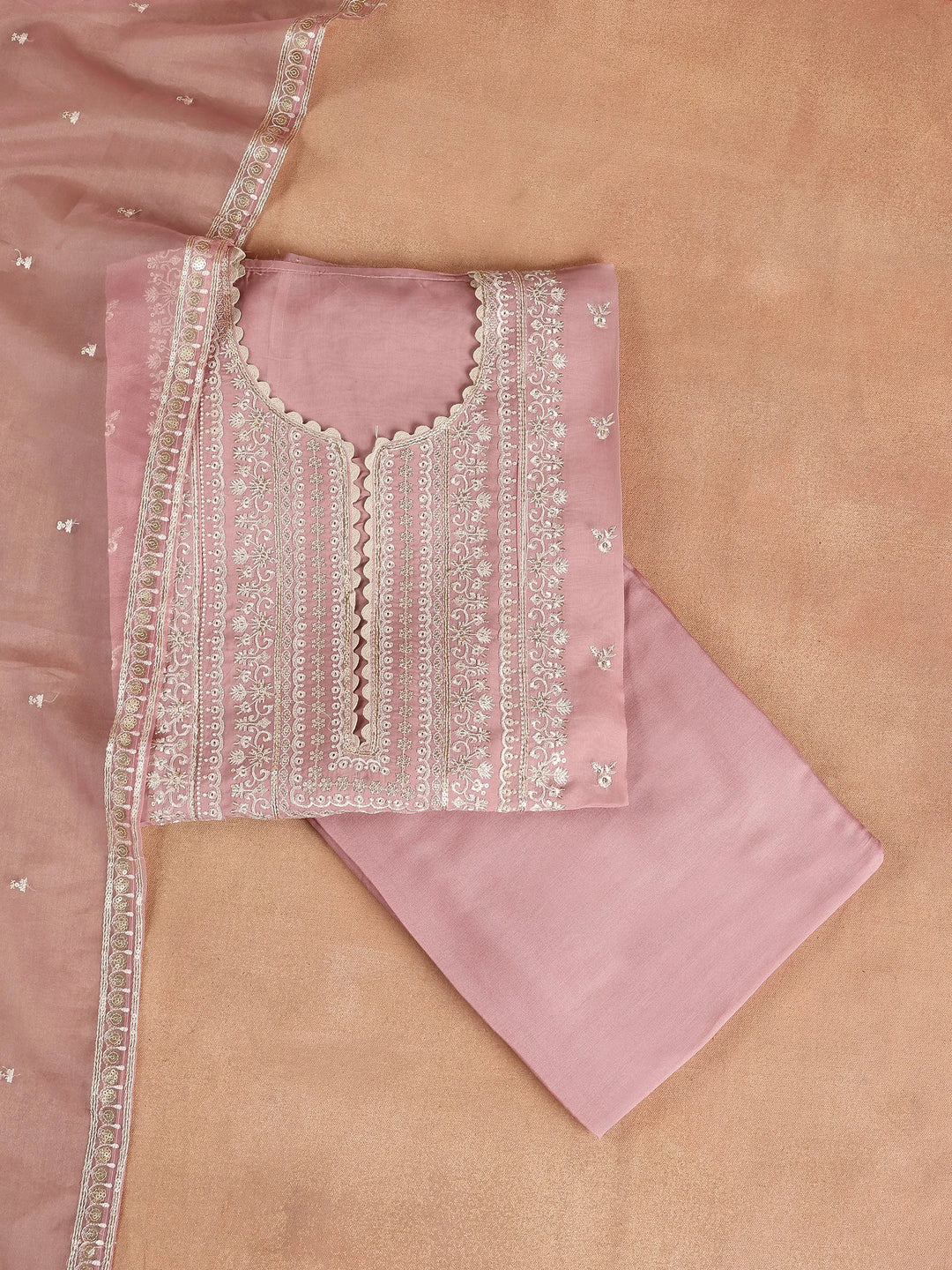  Pink Embroidered Organza Dress Material With Dupatta 