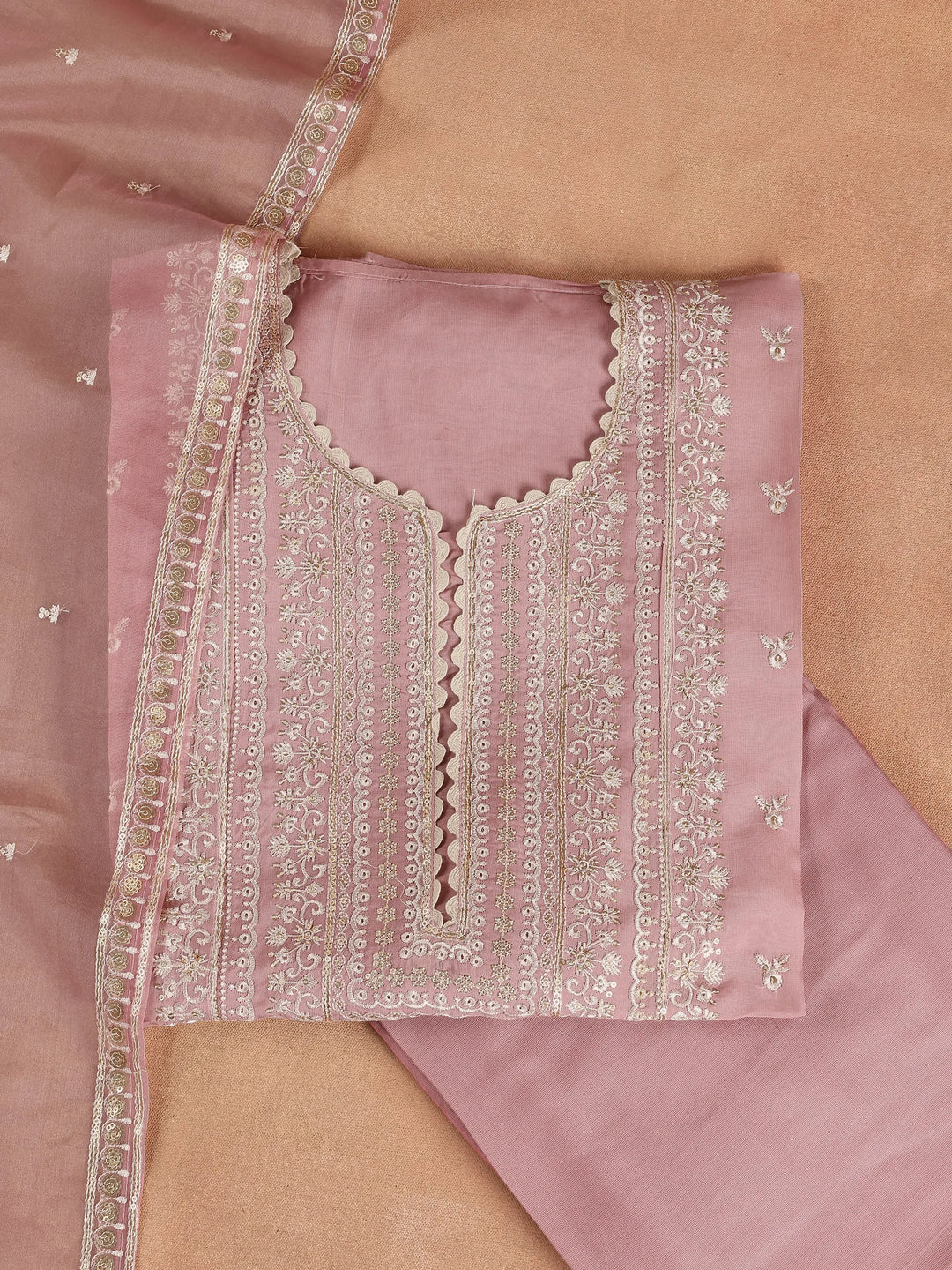  Pink Embroidered Organza Dress Material With Dupatta 