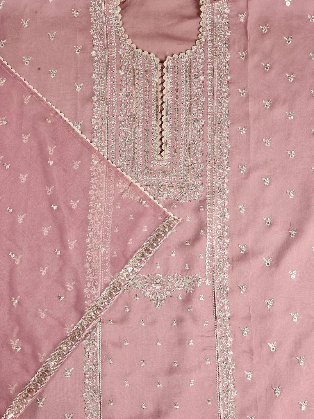 Pink Embroidered Organza Dress Material With Dupatta 