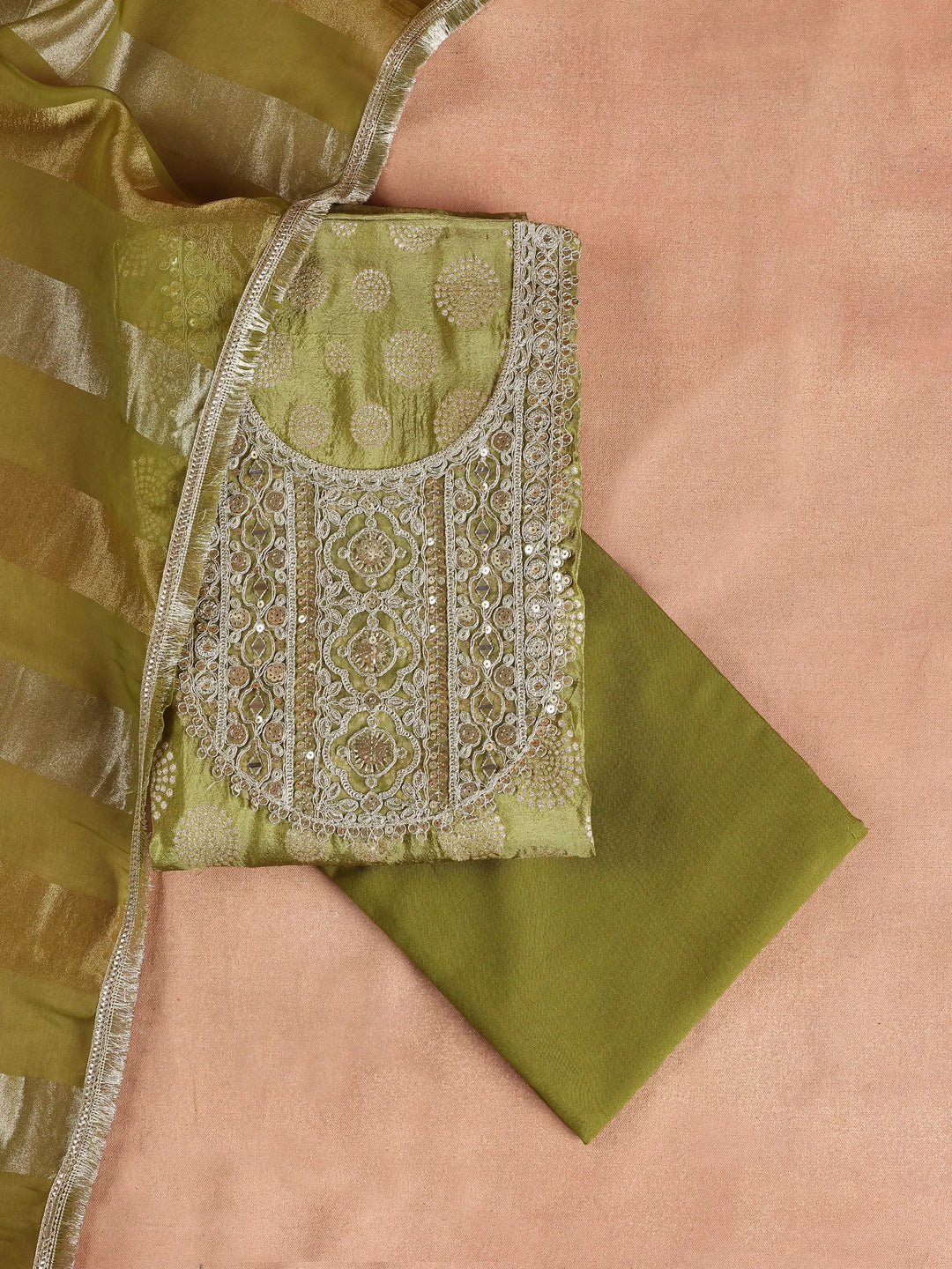  Green Printed Organza Dress Material With Dupatta 