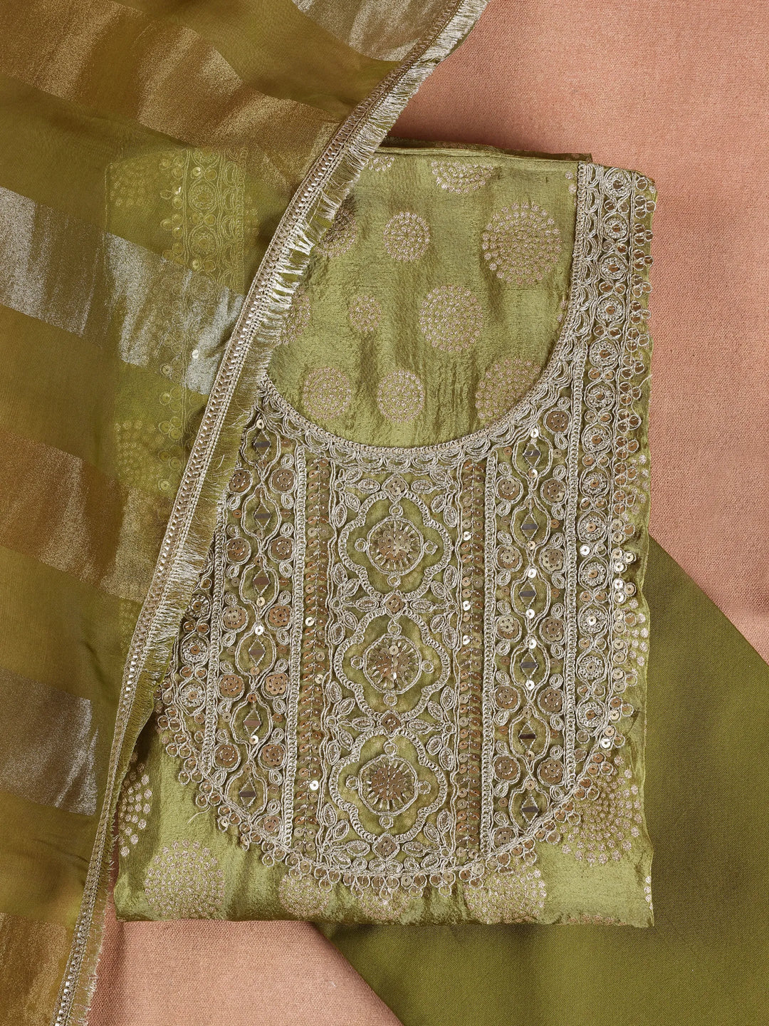  Green Printed Organza Dress Material With Dupatta 