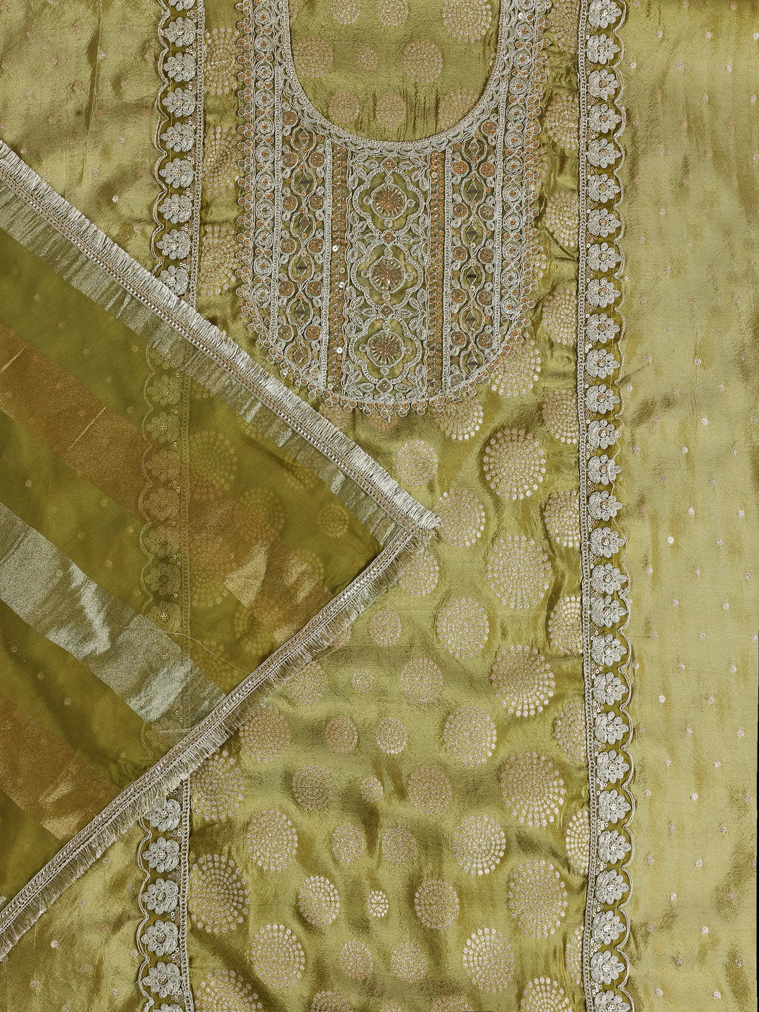  Green Printed Organza Dress Material With Dupatta 