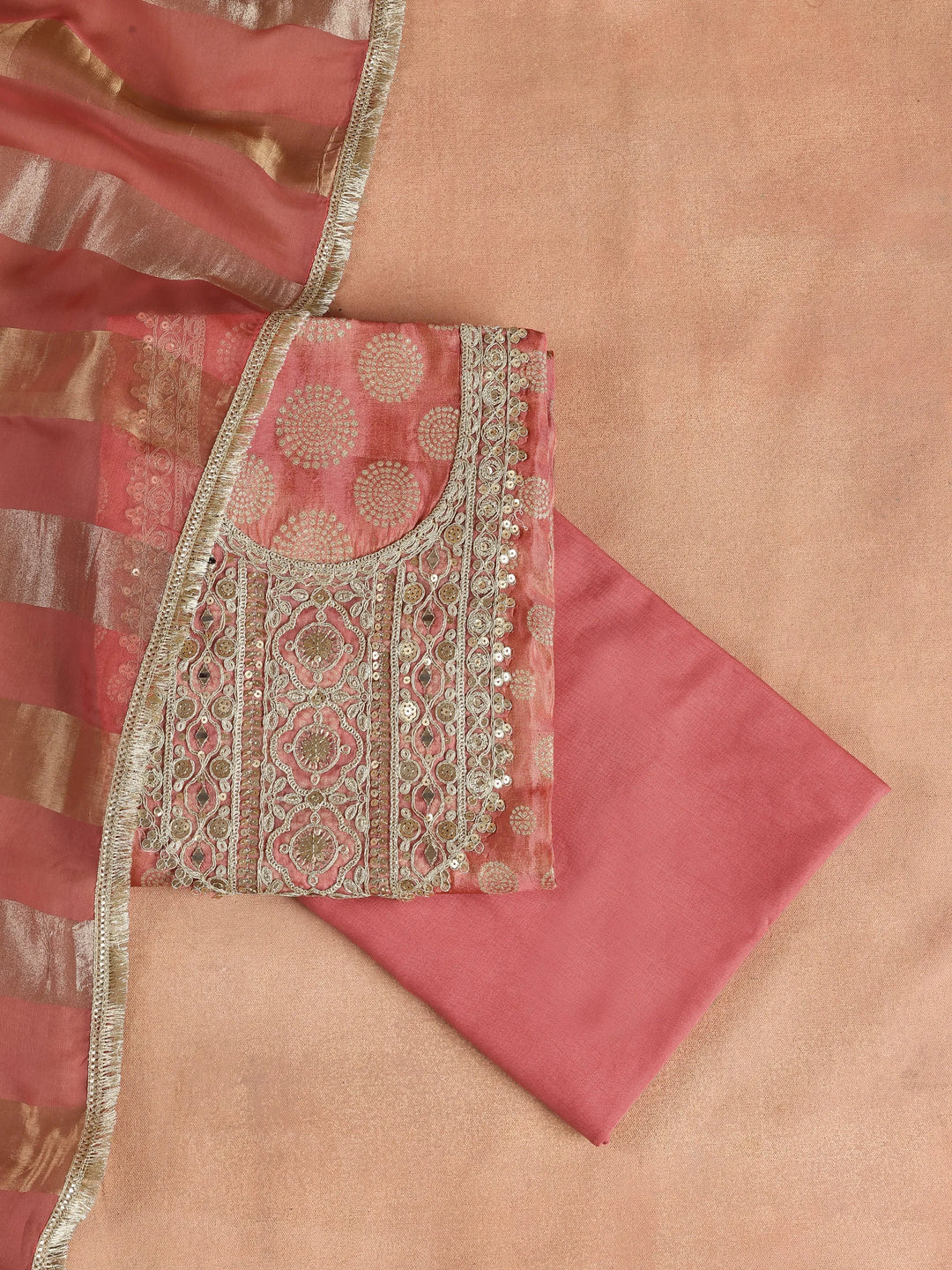  Coral Printed Organza Dress Material With Dupatta 