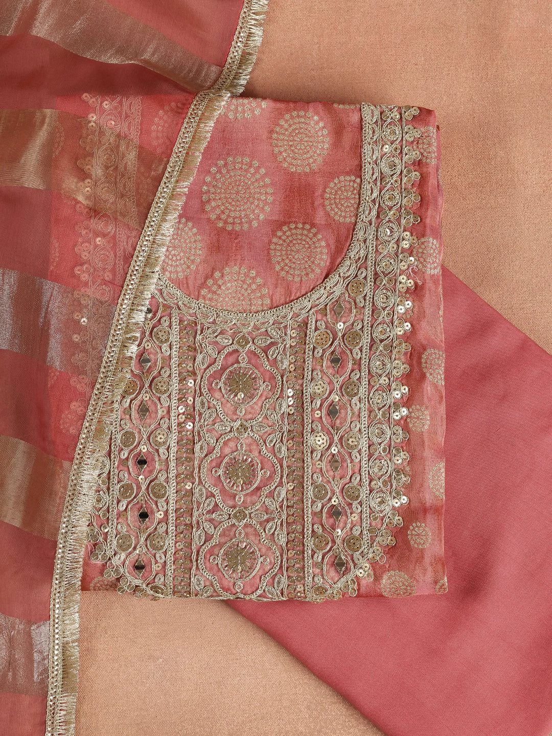  Coral Printed Organza Dress Material With Dupatta 