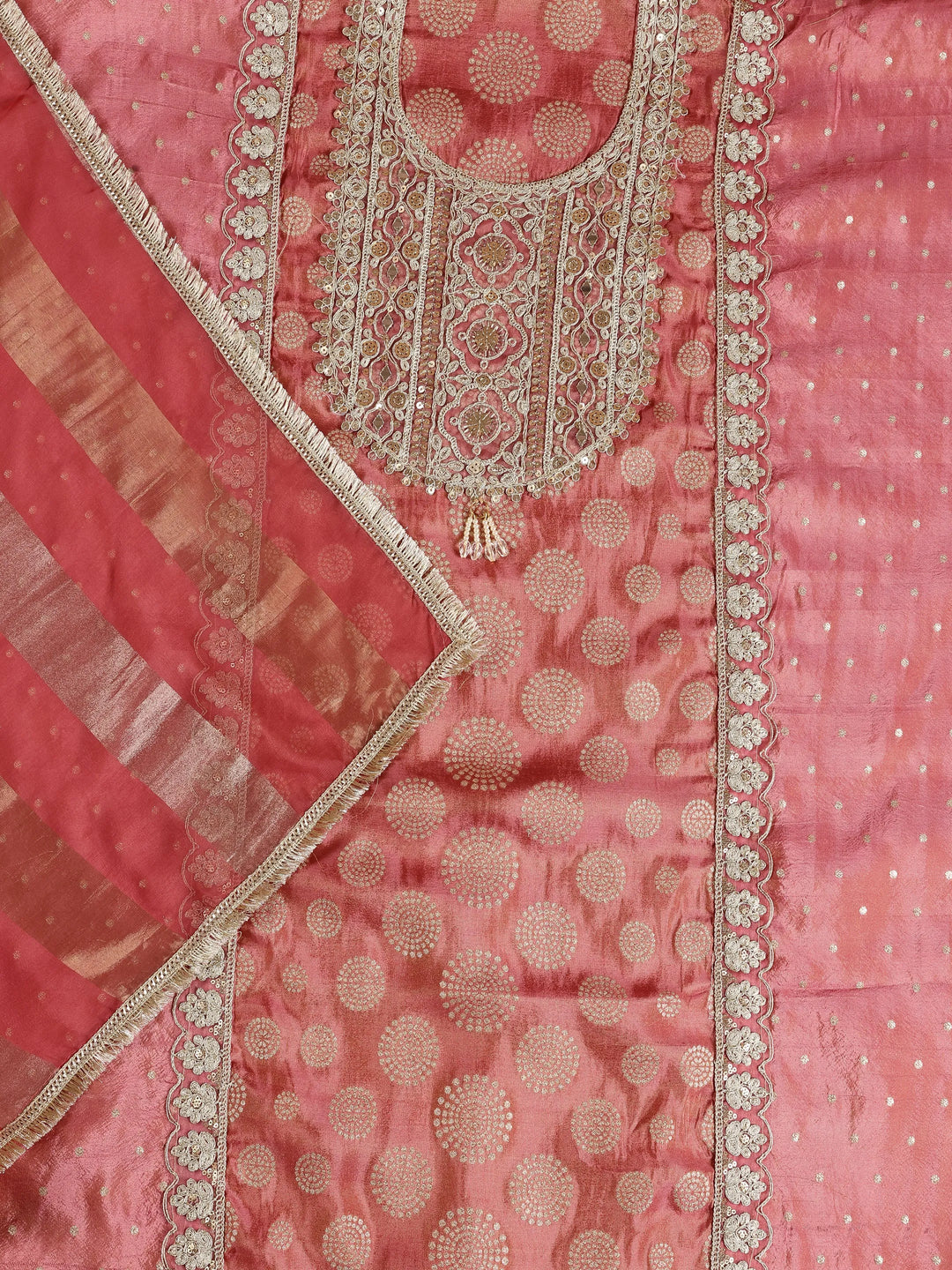  Coral Printed Organza Dress Material With Dupatta 