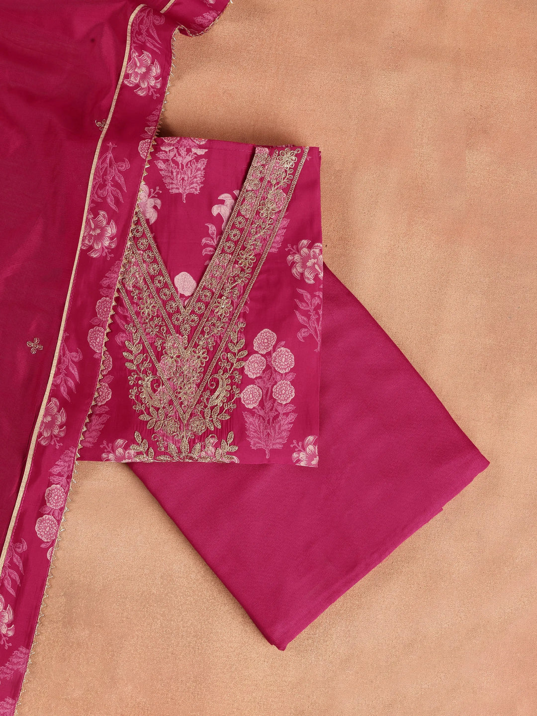  Pink Printed Silk Blend Dress Material With Dupatta 