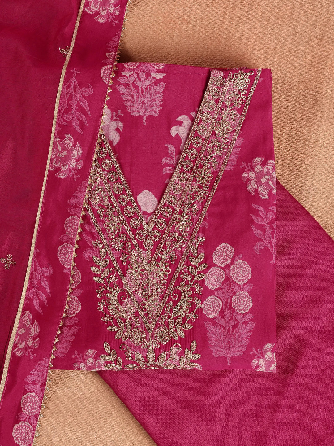  Pink Printed Silk Blend Dress Material With Dupatta 