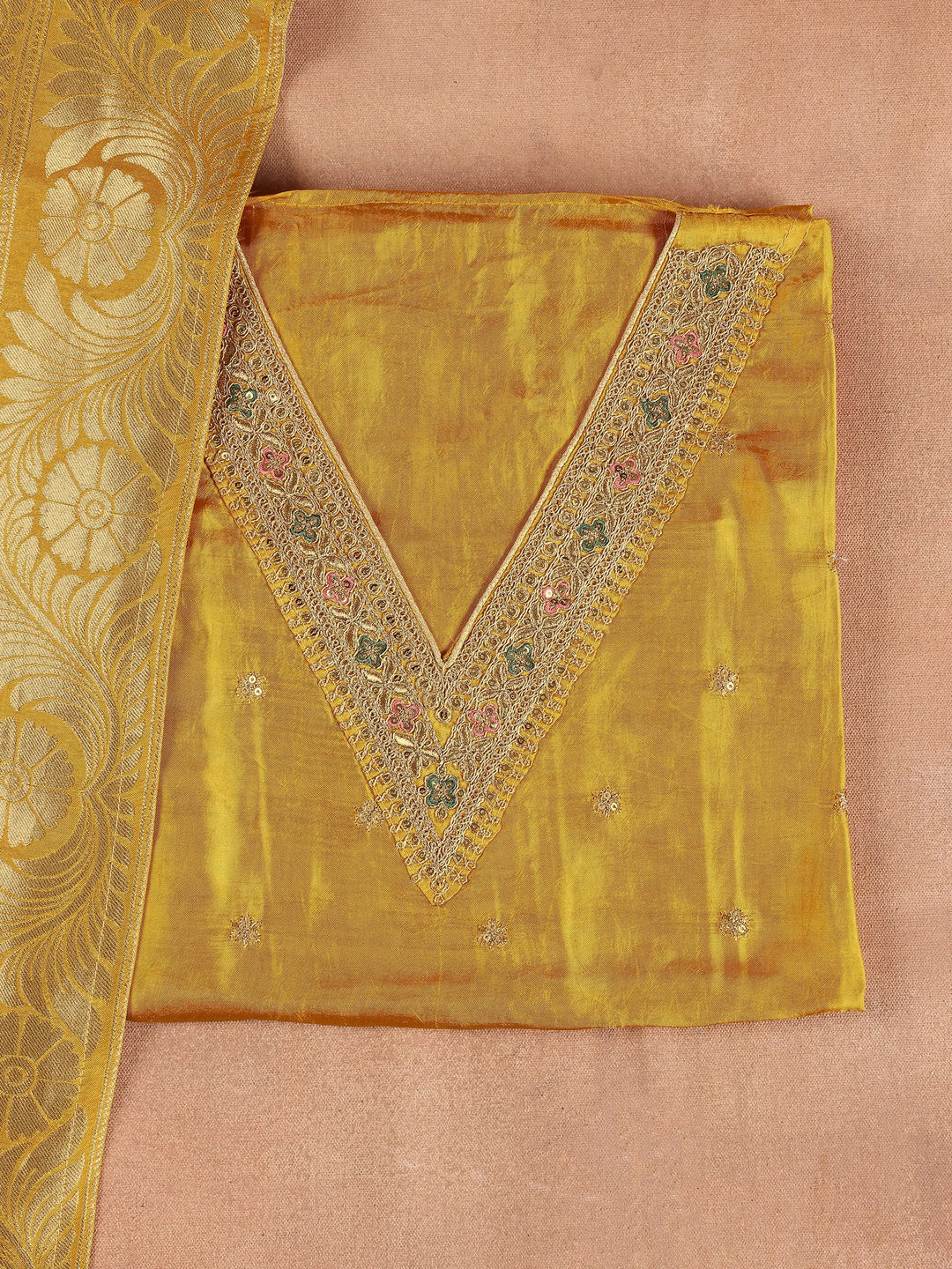  Mustard Printed Silk Blend Dress Material With Dupatta 