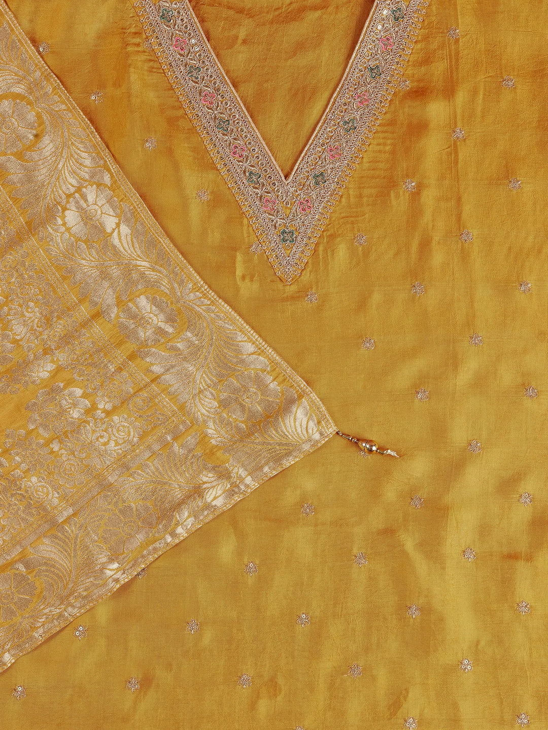  Mustard Printed Silk Blend Dress Material With Dupatta 