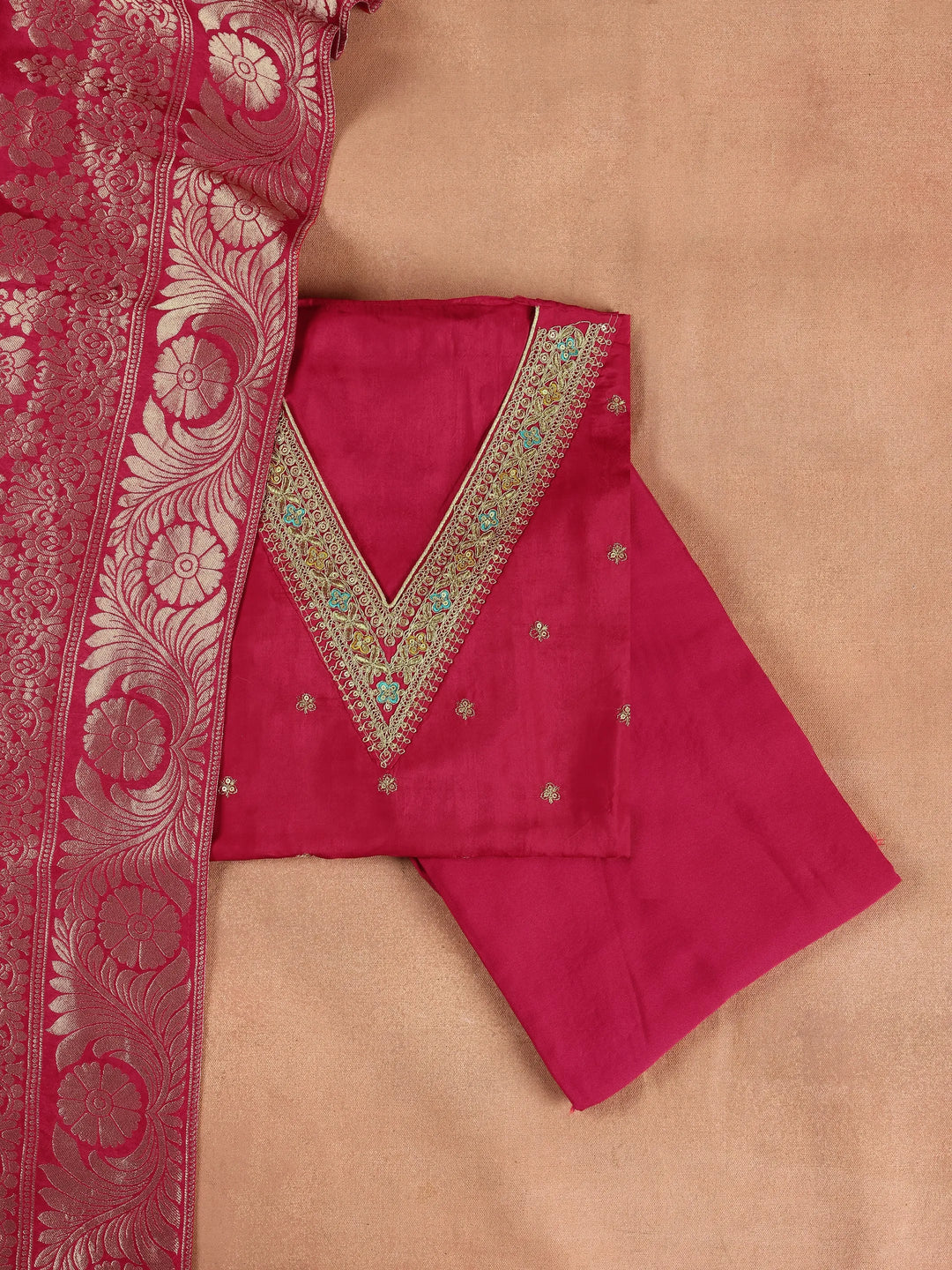  Pink Printed Silk Blend Dress Material With Dupatta 