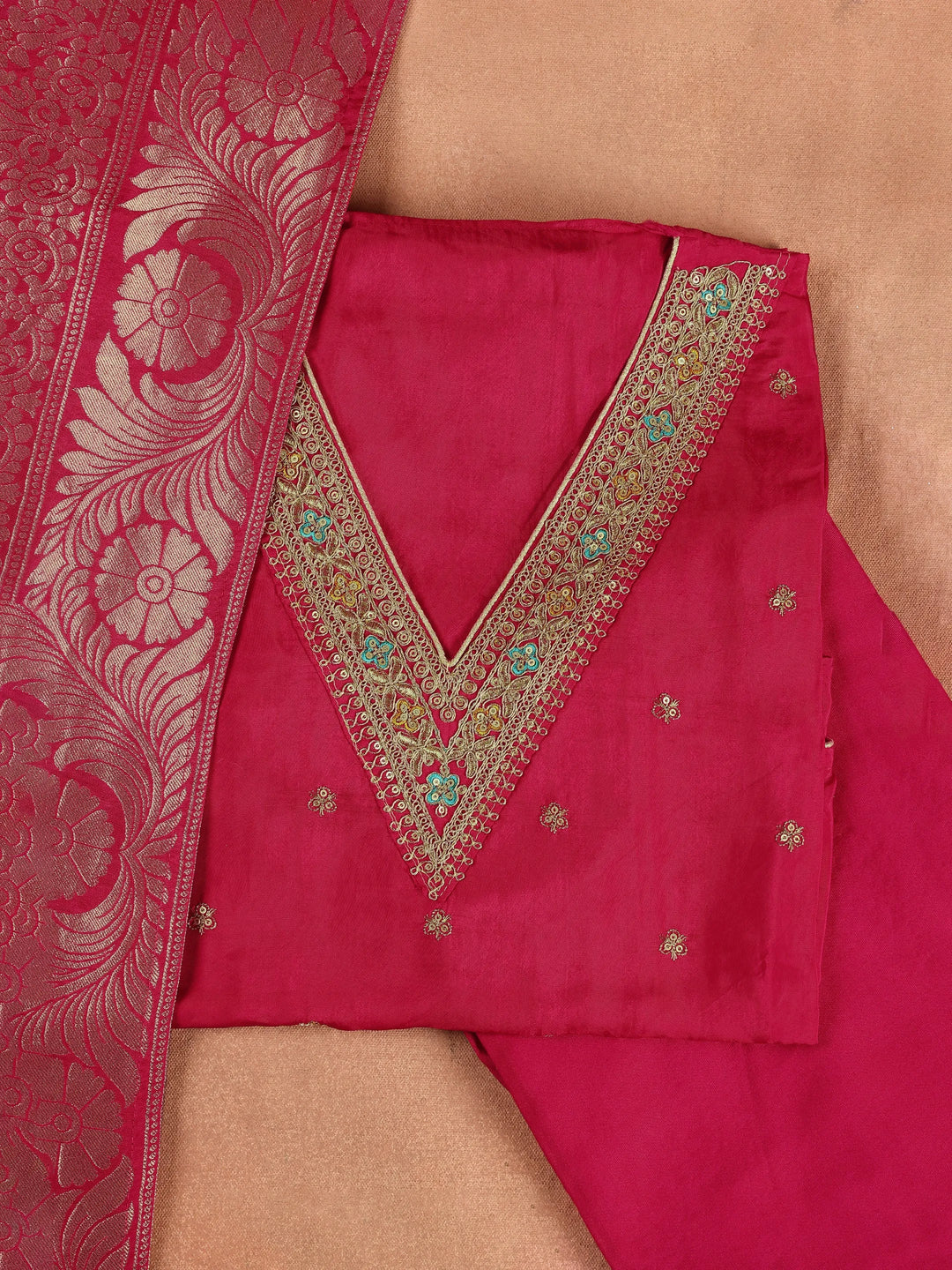  Pink Printed Silk Blend Dress Material With Dupatta 
