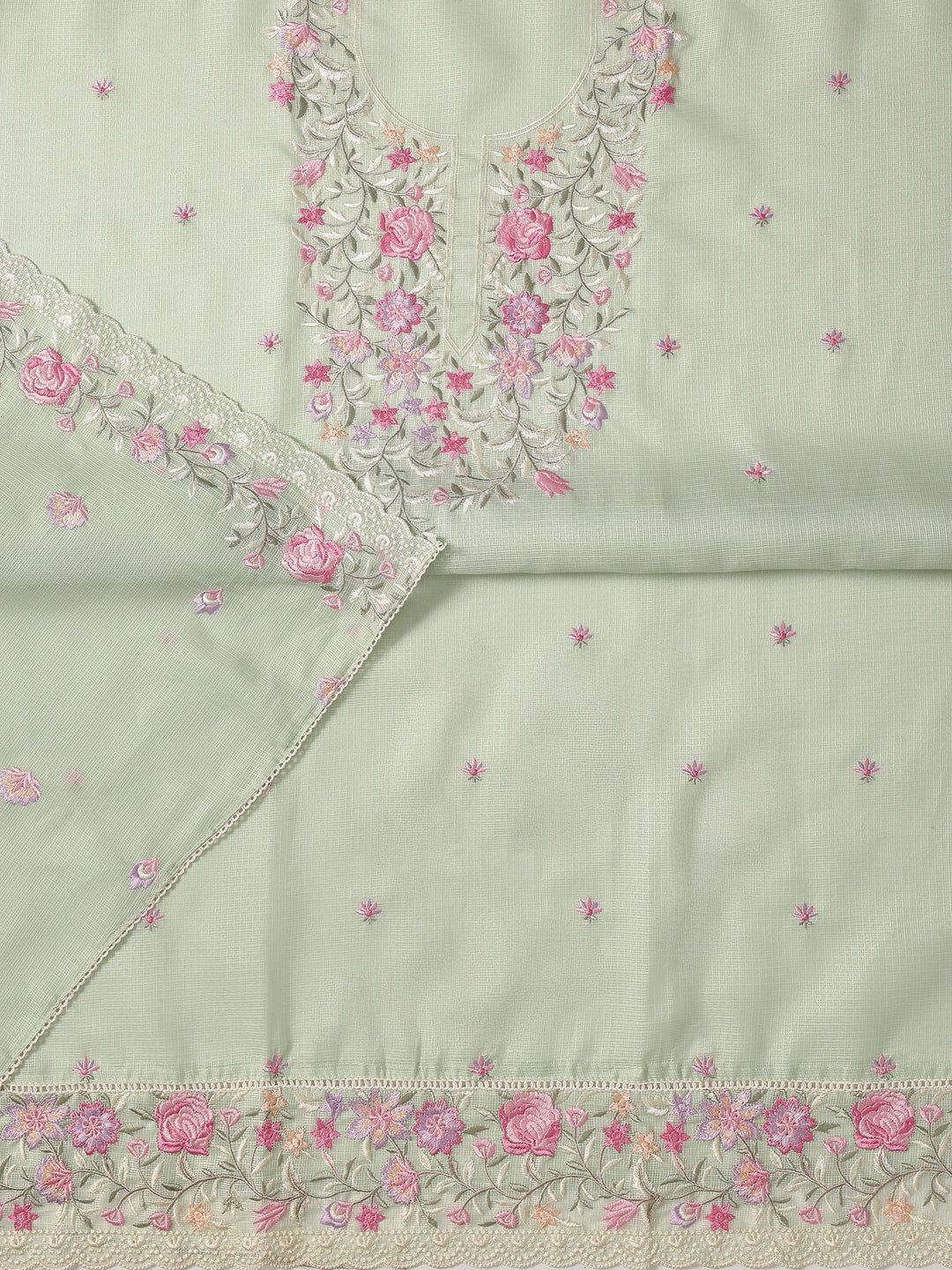 Green Embroidered Silk blend Dress Material With Dupatta 