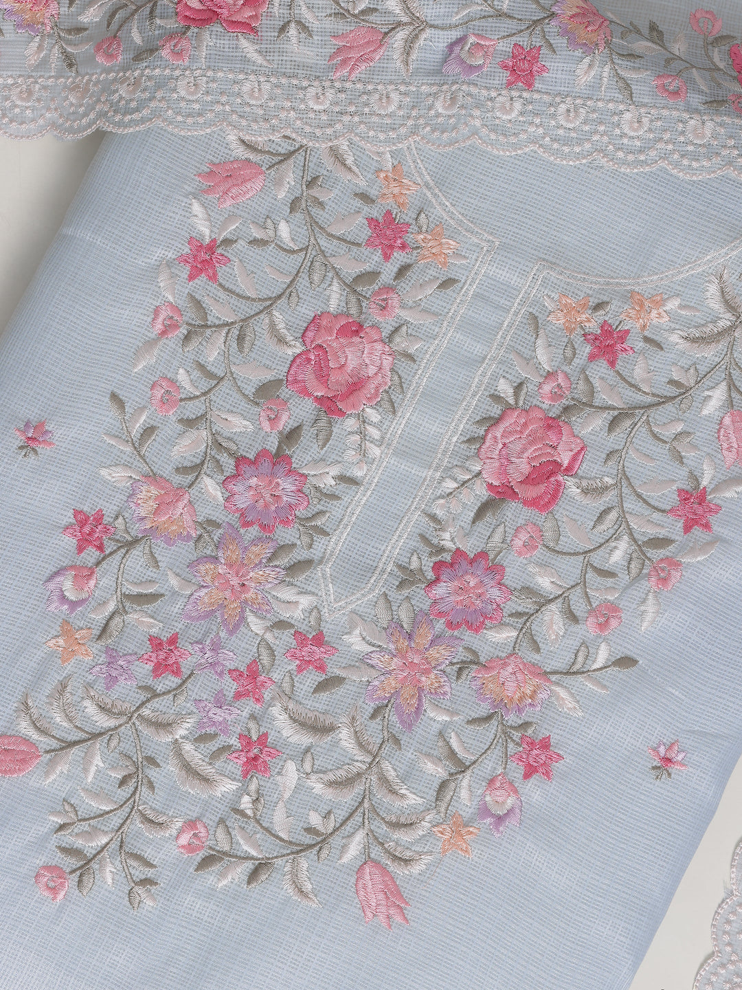  Blue Embroidered Silk blend Dress Material With Dupatta 