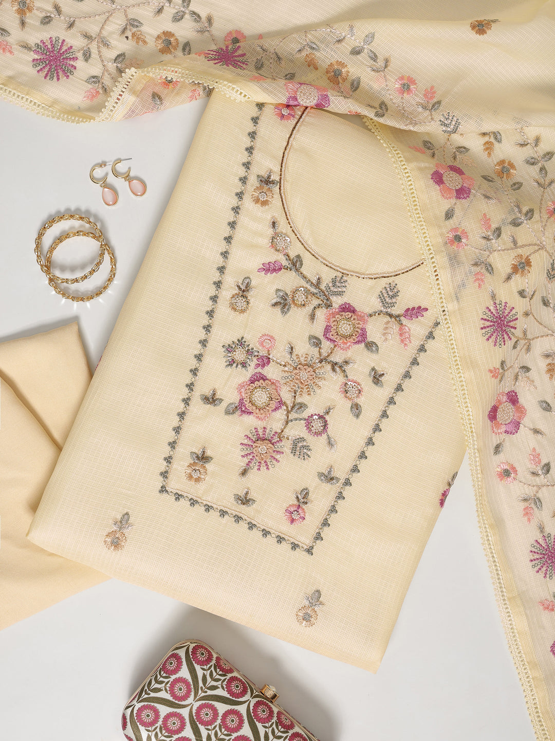  Yellow Embroidered Silk blend Dress Material With Dupatta 