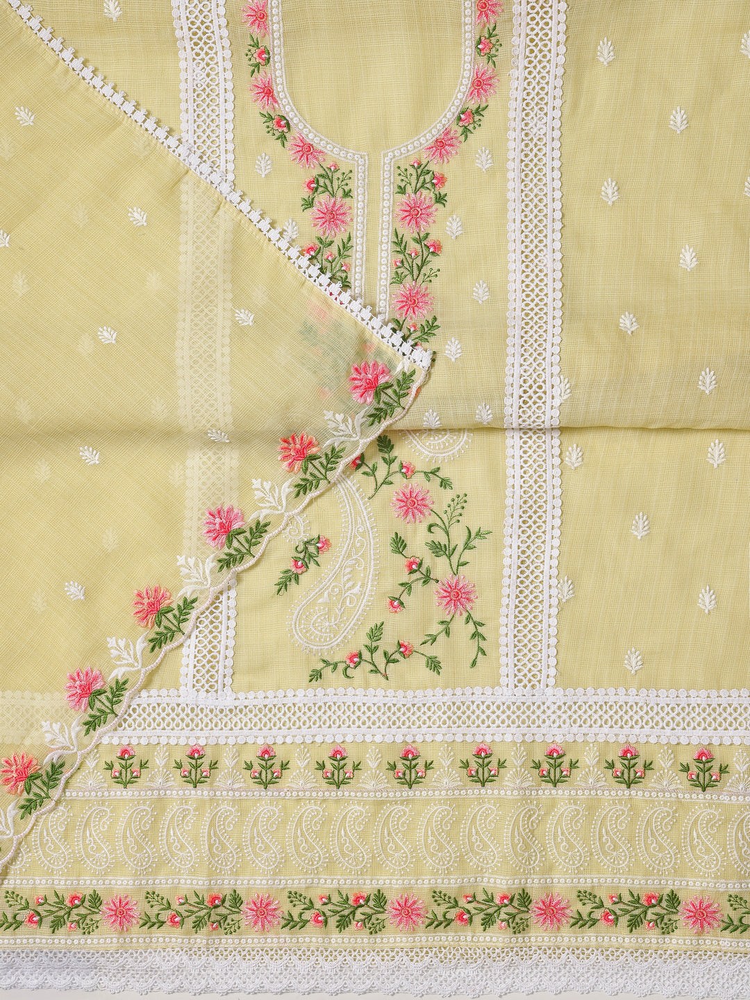  Yellow Embroidered Silk blend Dress Material With Dupatta 
