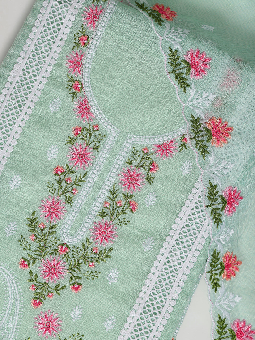  Green Embroidered Silk blend Dress Material With Dupatta 