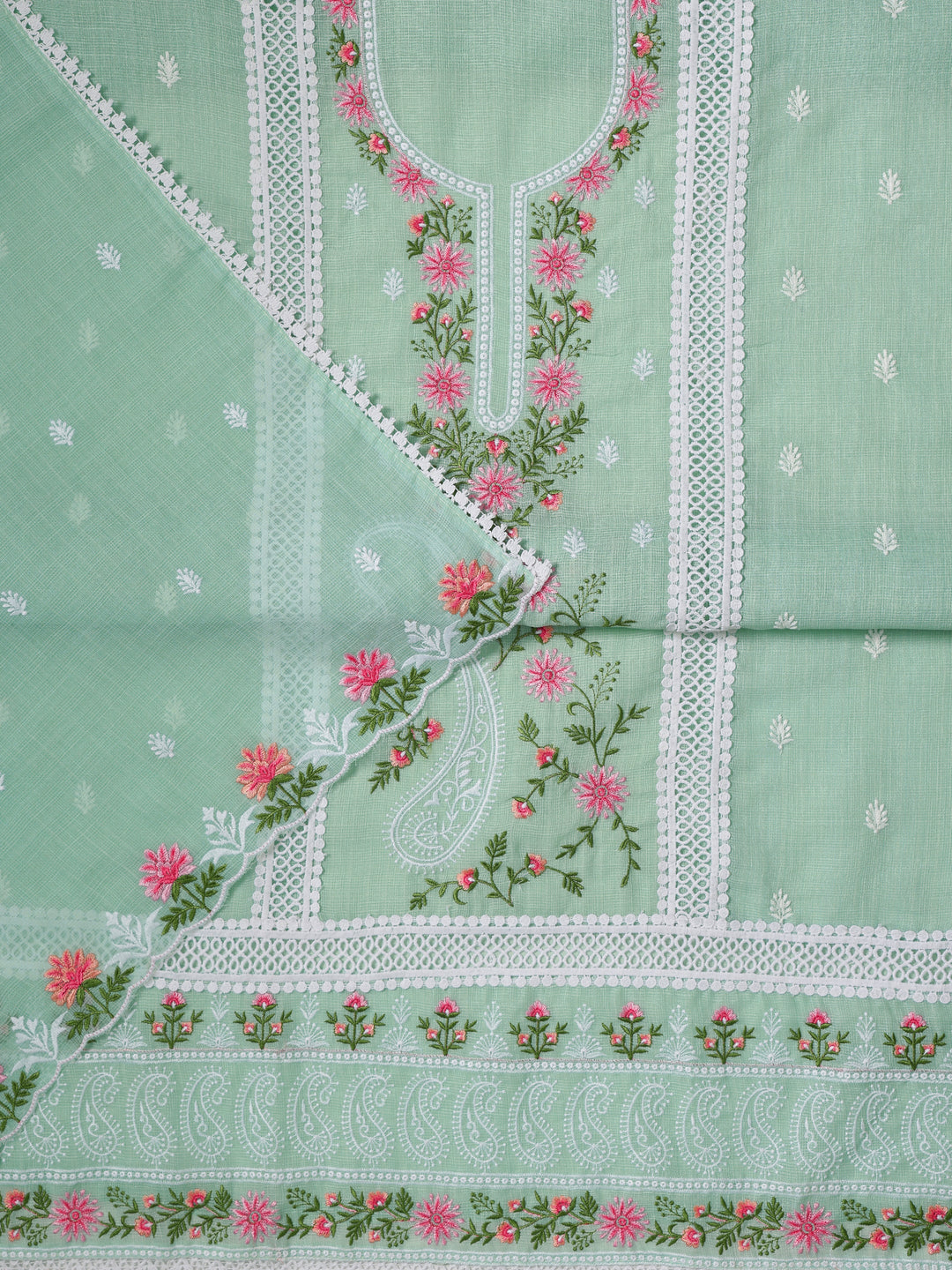  Green Embroidered Silk blend Dress Material With Dupatta 