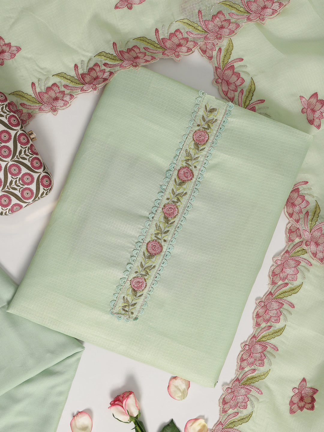  Green Embroidered Silk blend Dress Material With Dupatta 