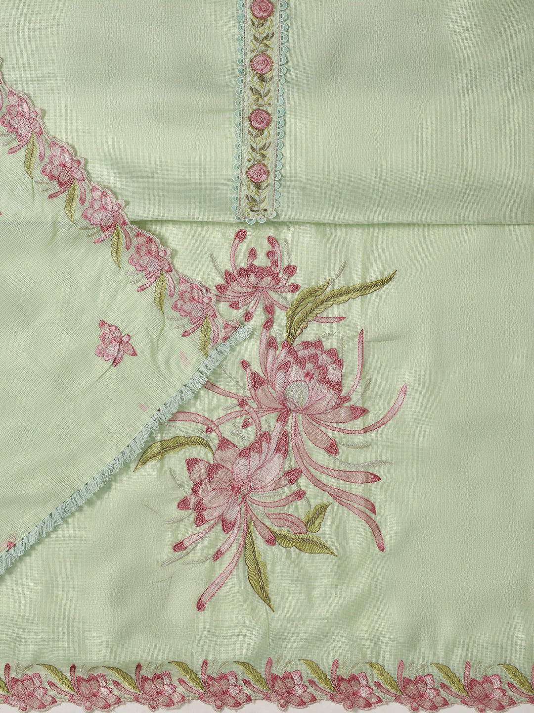  Green Embroidered Silk blend Dress Material With Dupatta 