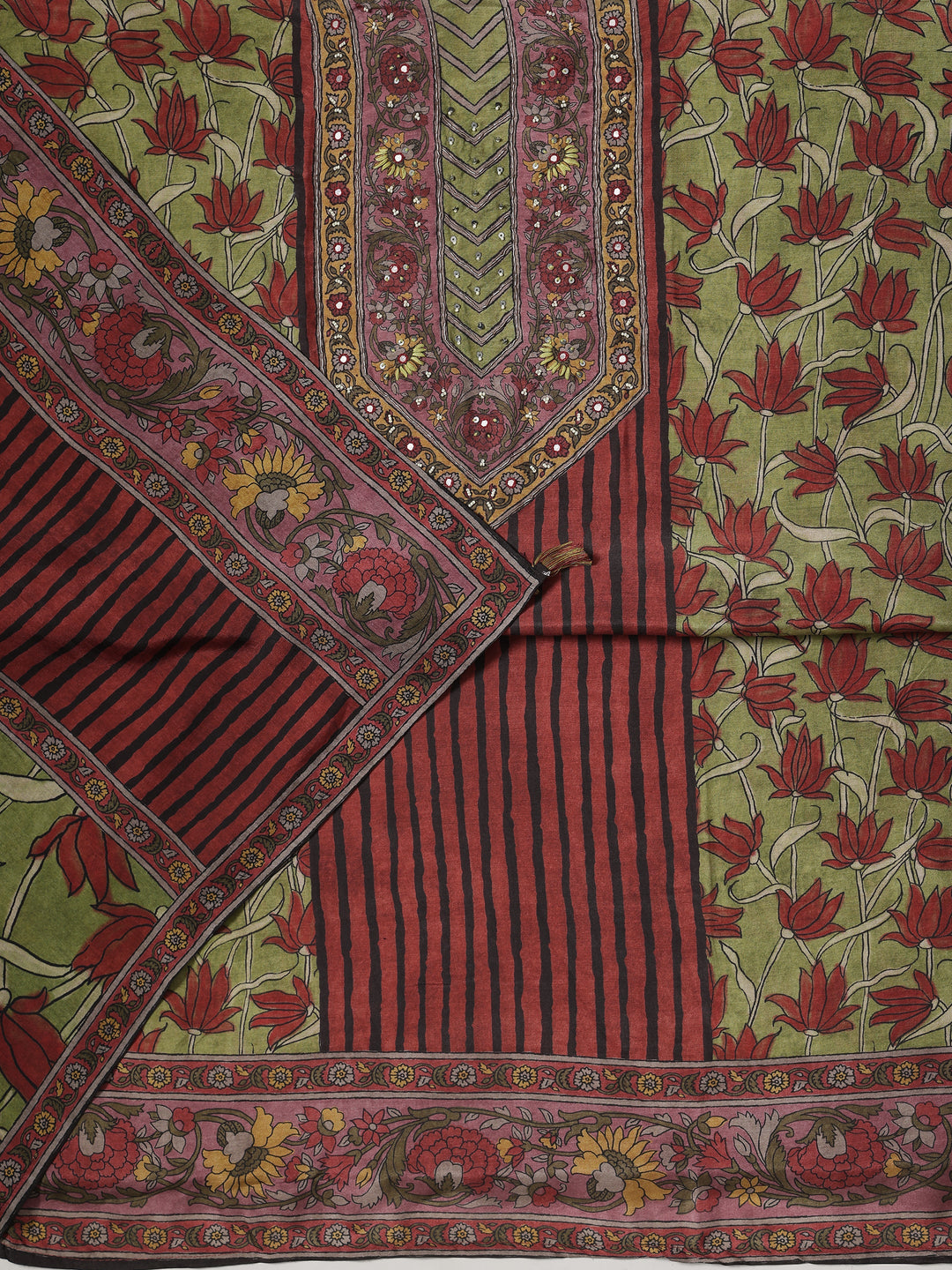  Olive Printed Muslin Dress Material With Dupatta 