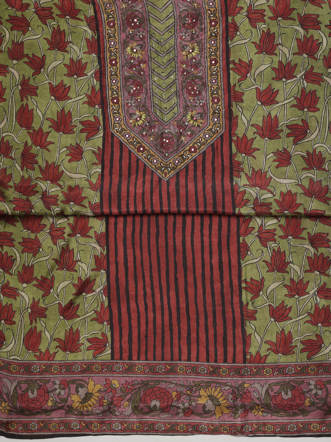  Olive Printed Muslin Dress Material With Dupatta 