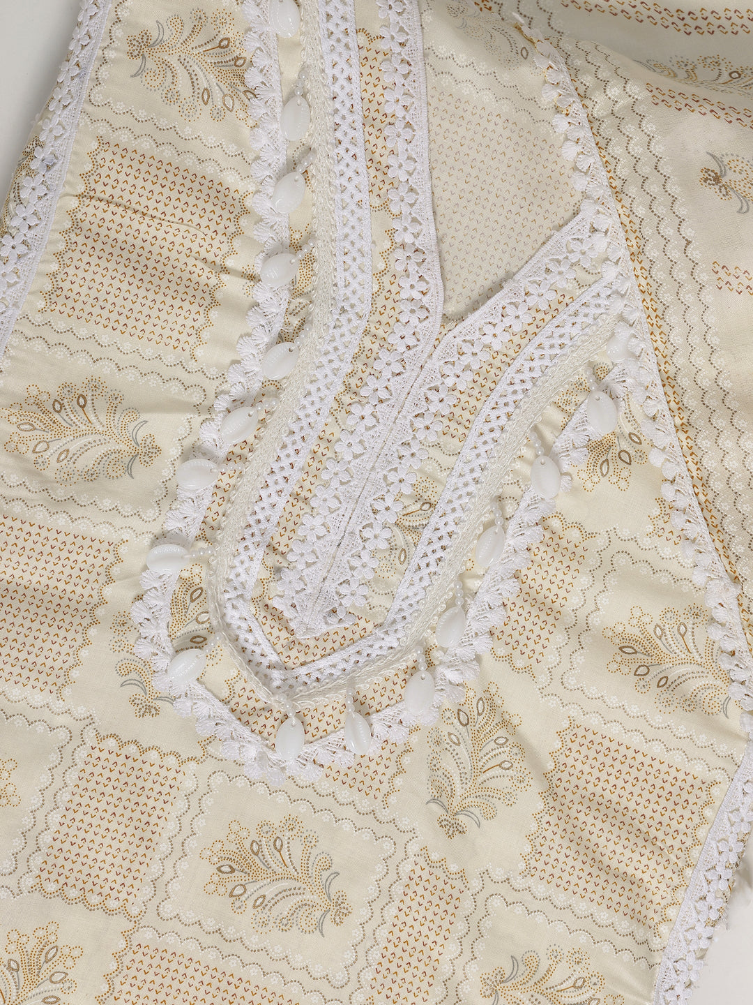  Cream Printed Cotton Blend Dress Material With Dupatta 